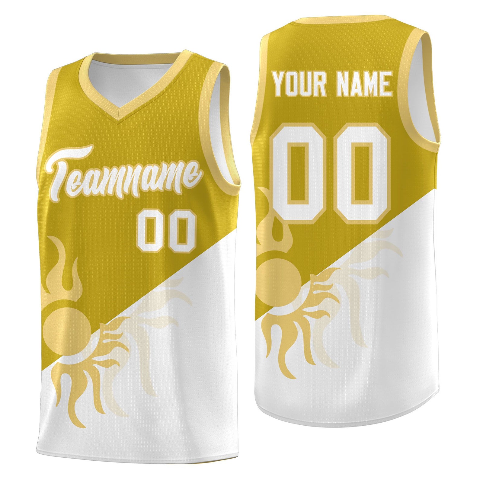 Custom Youth Basketball Jerseys - Old Gold White Radiant Sun Design Two Tone Uniforms