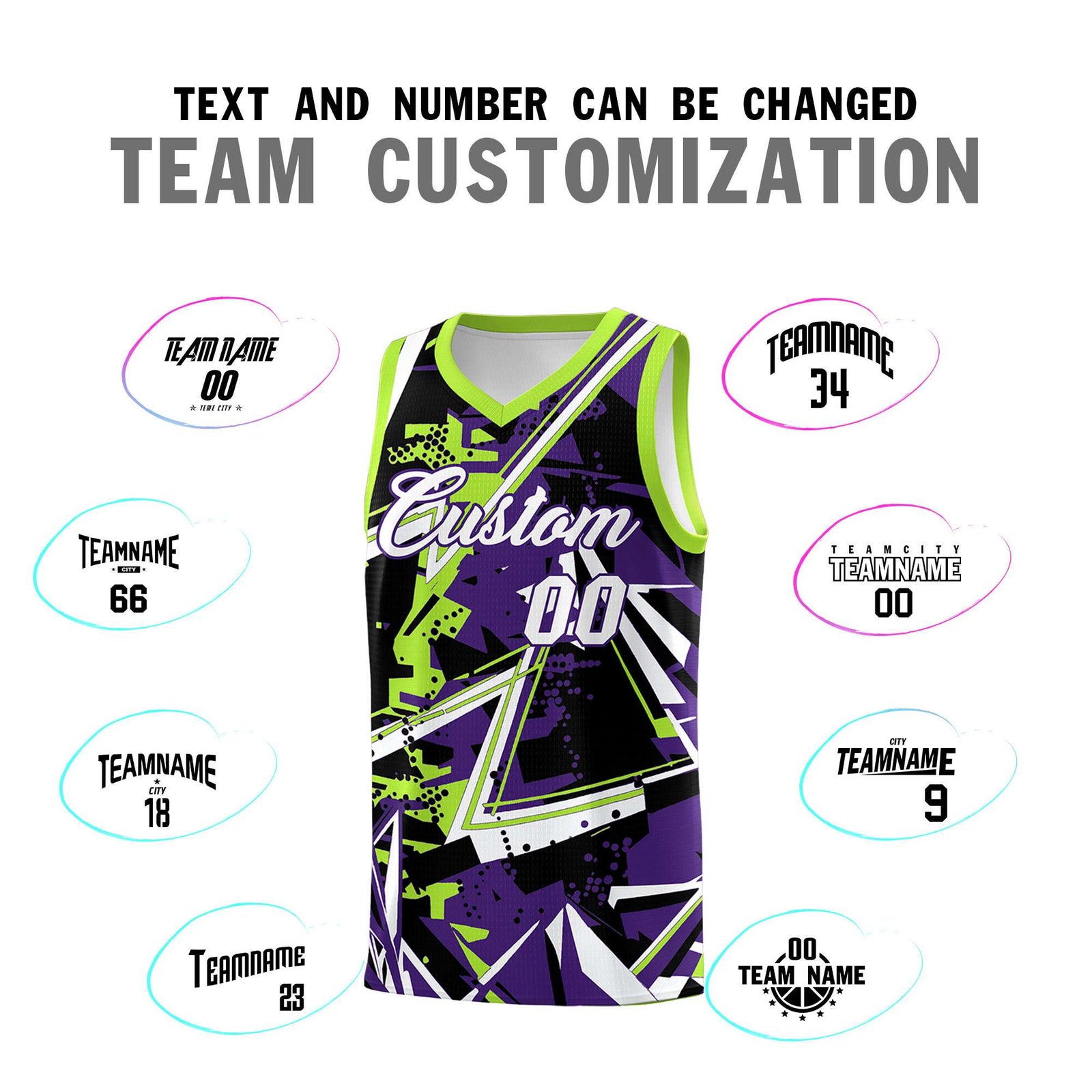 Custom Youth Basketball Jerseys Purple Neon Green Abstract Graffiti Personalized Team Name & Number