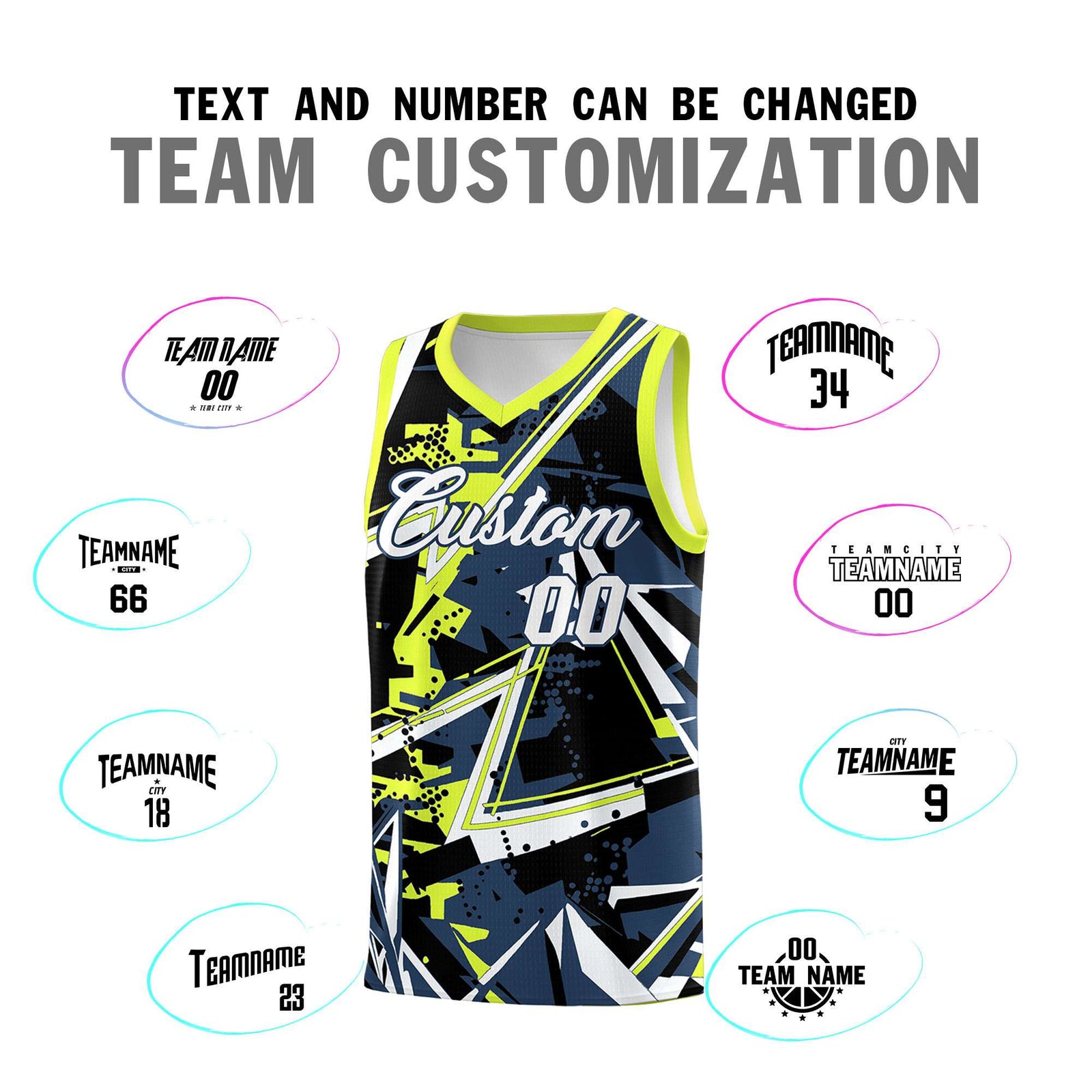Custom Youth Basketball Jerseys Midnight Blue Fluorescent Green Abstract Graffiti Urban Style Personalized Uniform