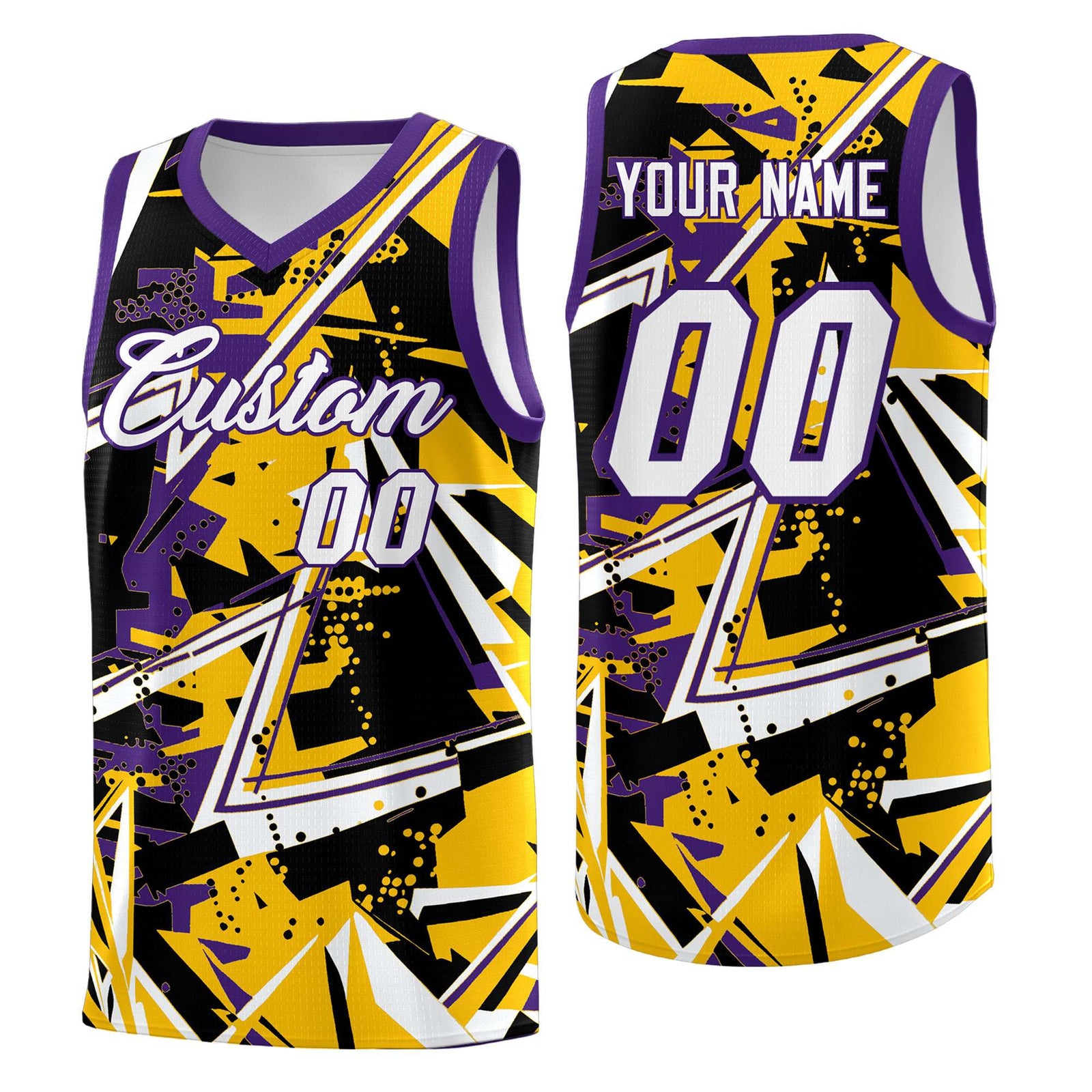 Custom Youth Basketball Jerseys Yellow Purple Abstract Graffiti Personalized Team Name & Number