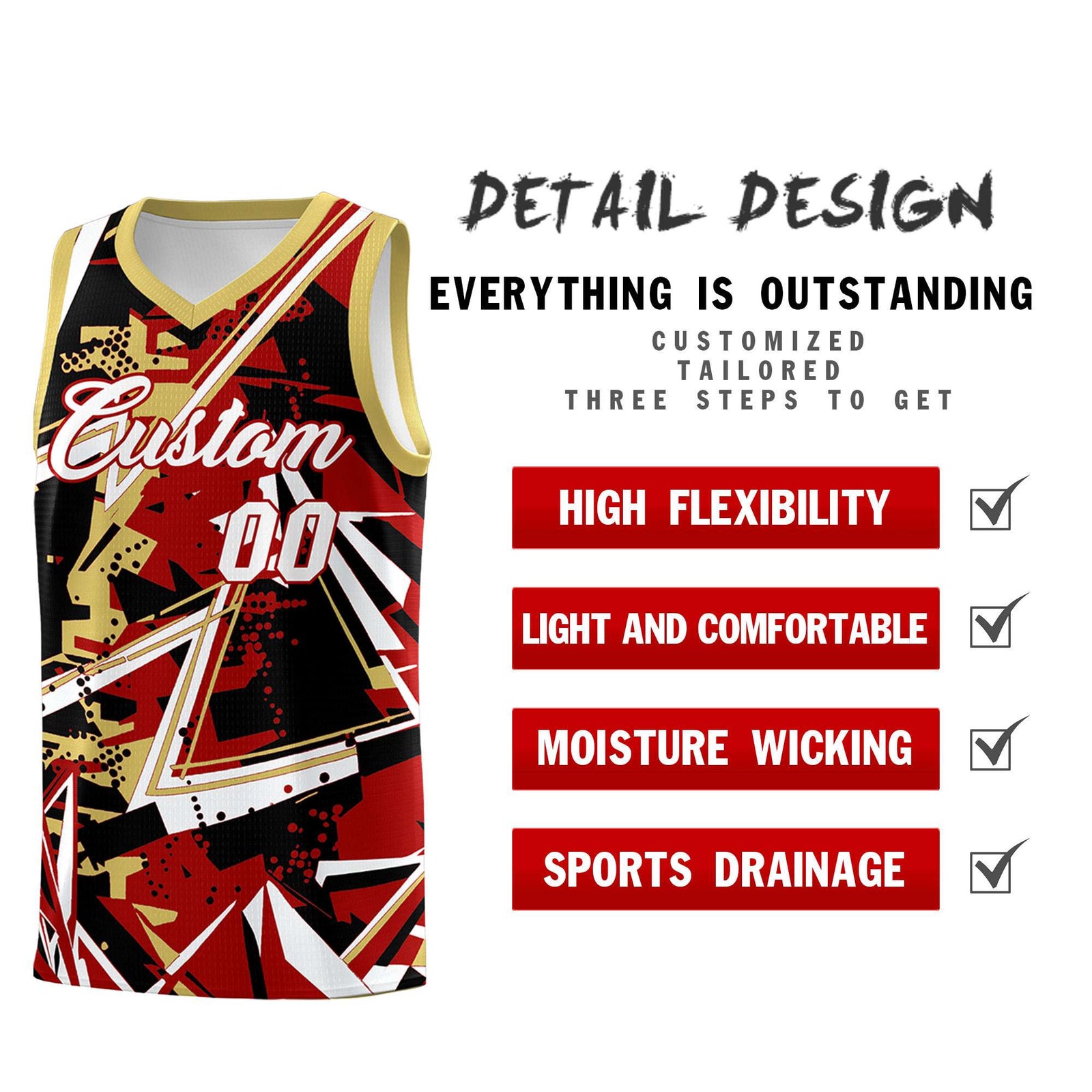 Custom Youth Basketball Jerseys Red Old Gold Abstract Graffiti Personalized Team Name & Number