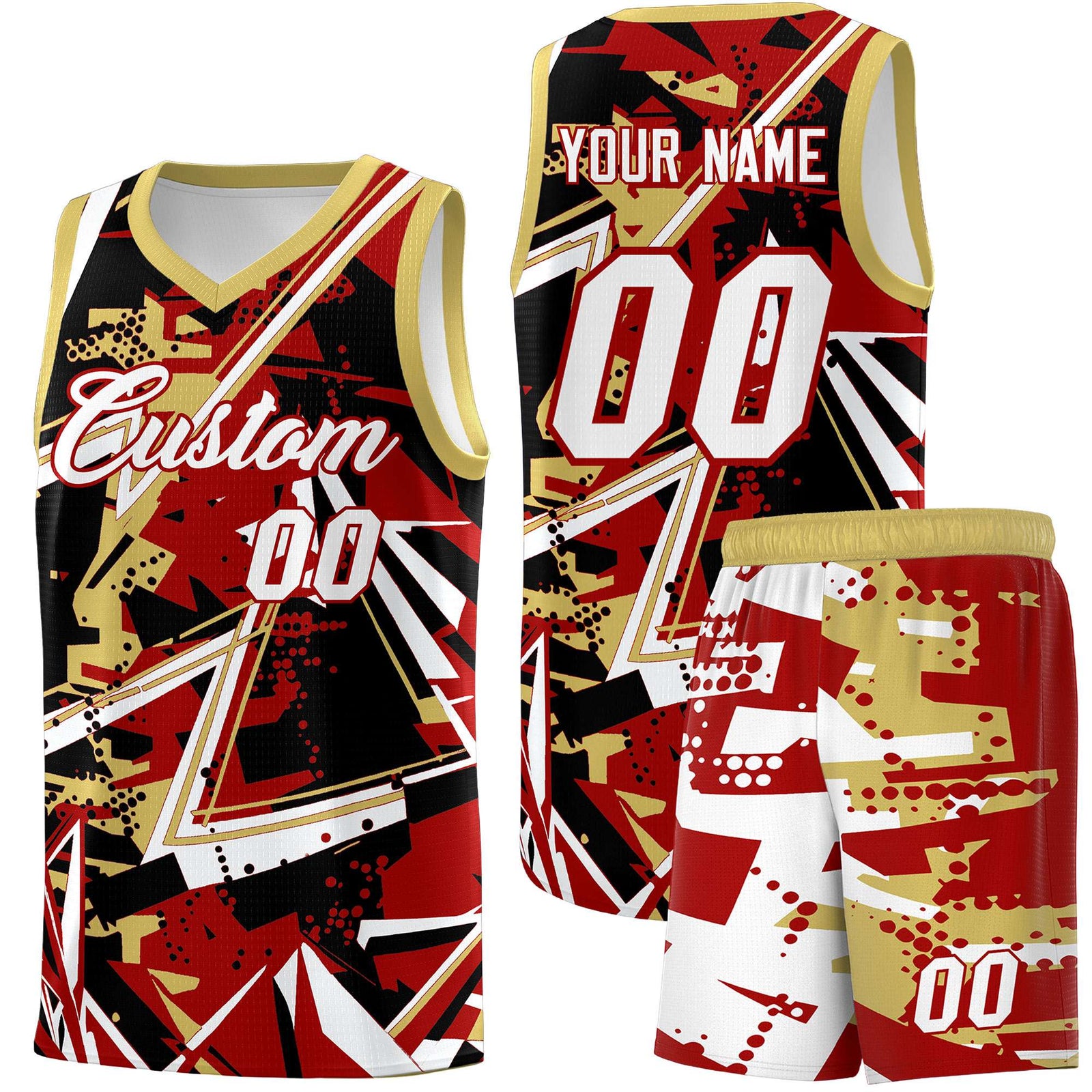 Custom Youth Basketball Jerseys Red Old Gold Abstract Graffiti Personalized Team Name & Number