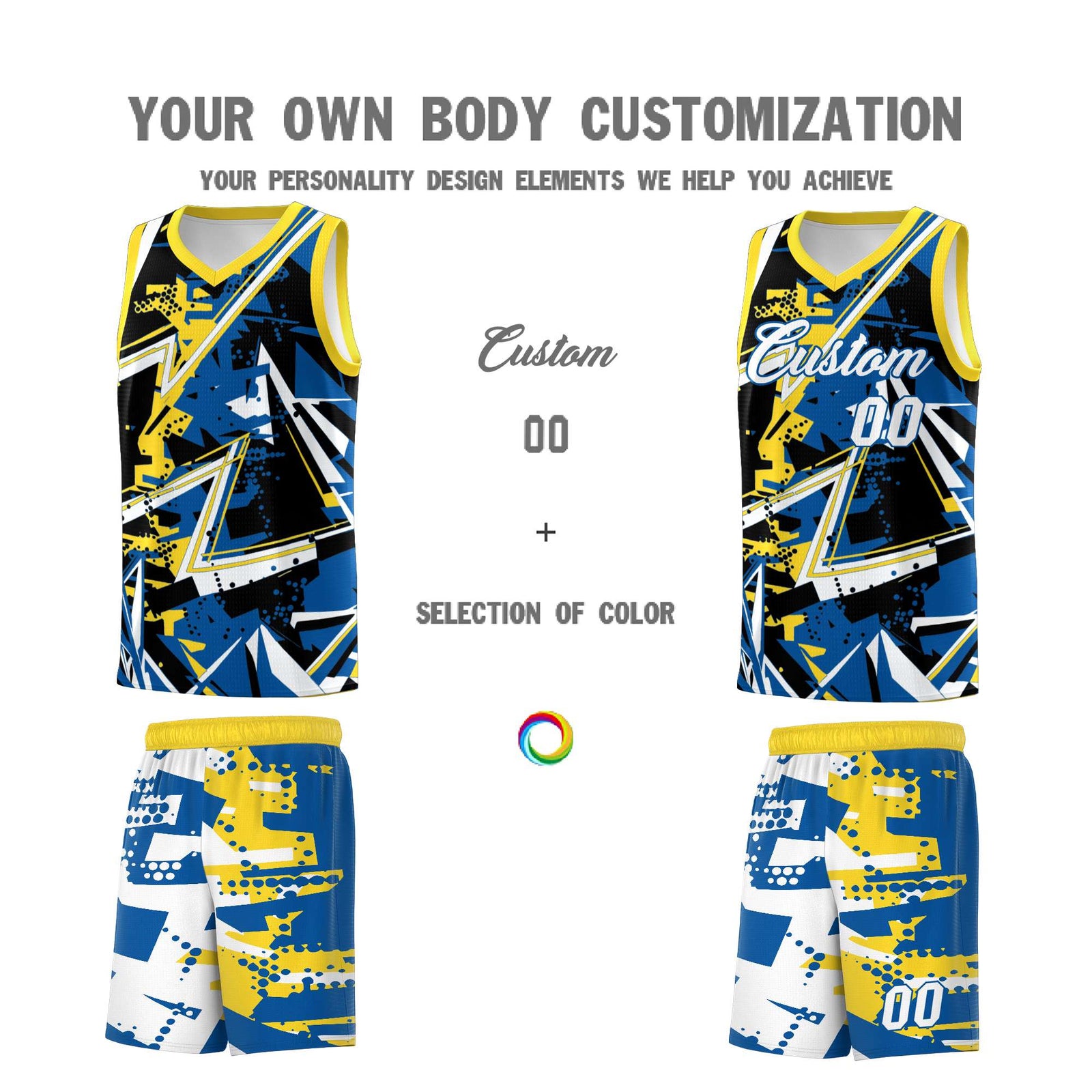 Custom Youth Basketball Jerseys Royal Gold Abstract Graffiti Personalized Team Name & Number