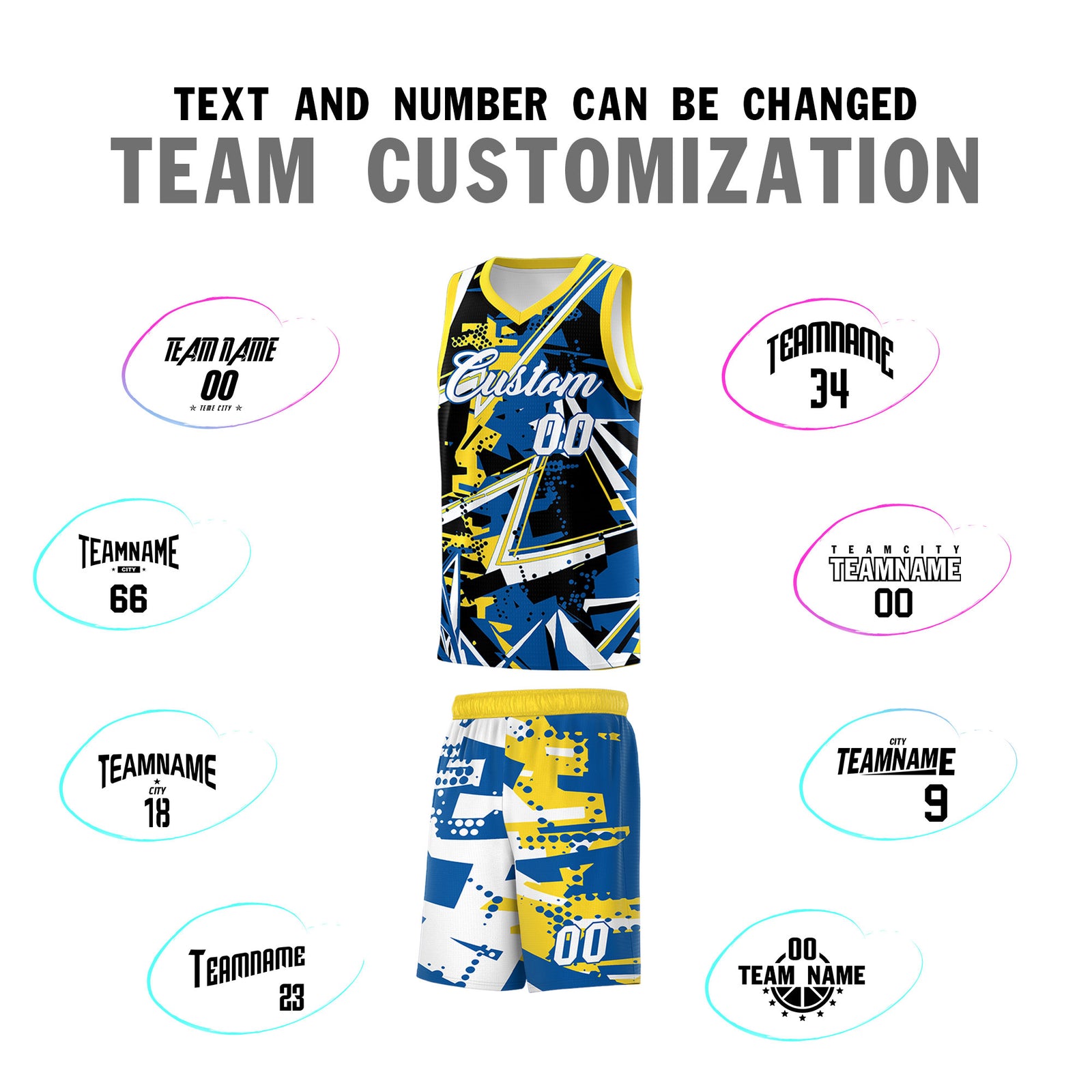 Custom Youth Basketball Jerseys Royal Gold Abstract Graffiti Personalized Team Name & Number