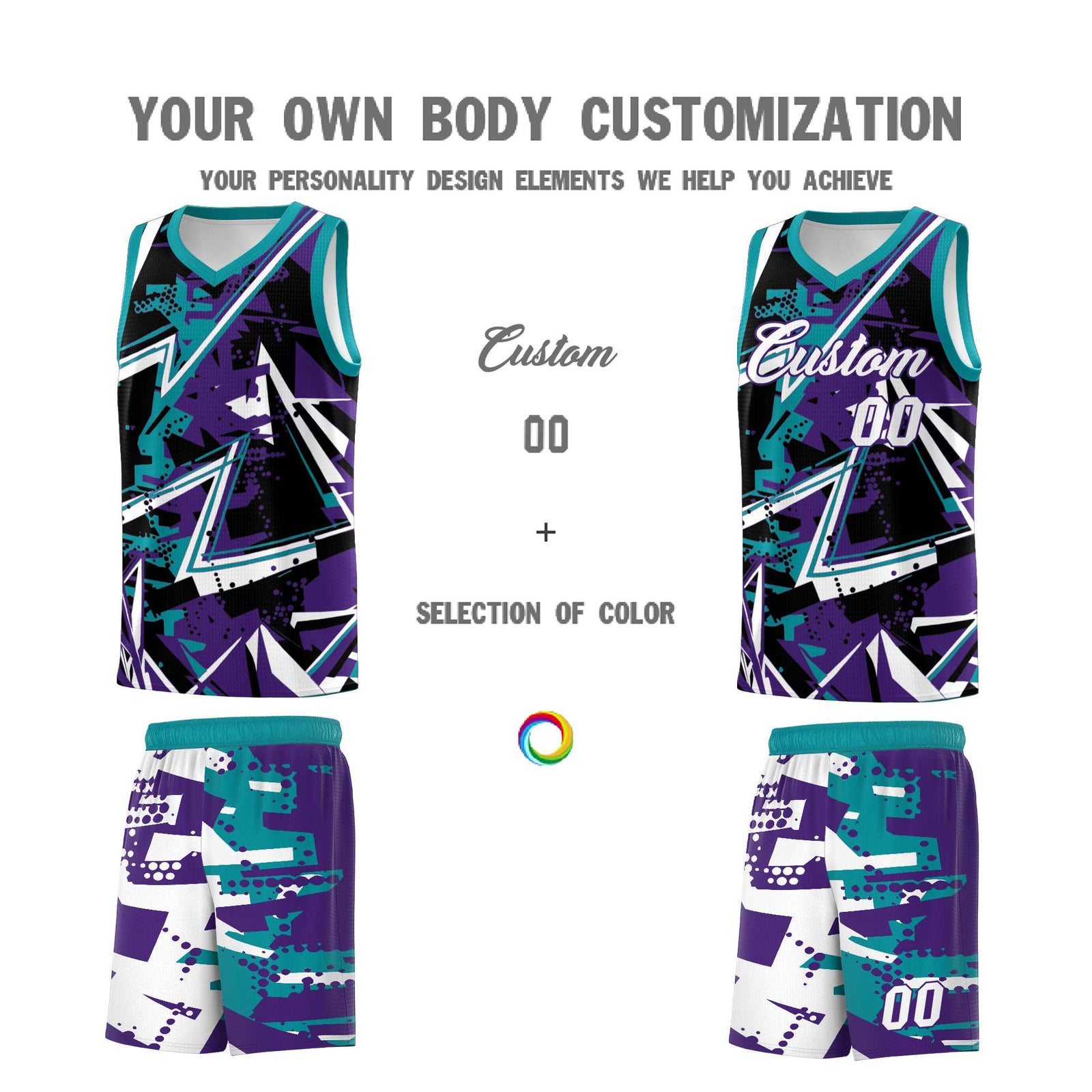 Custom Youth Basketball Jerseys Purple Teal Abstract Graffiti Urban Style Personalized Uniform