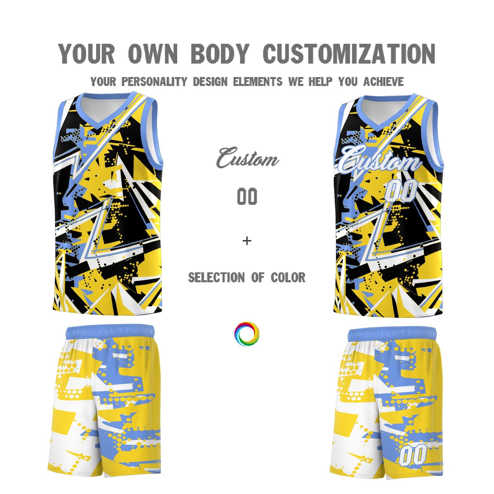 Custom Youth Basketball Jerseys Gold Light Blue Abstract Graffiti Urban Style Personalized Uniform