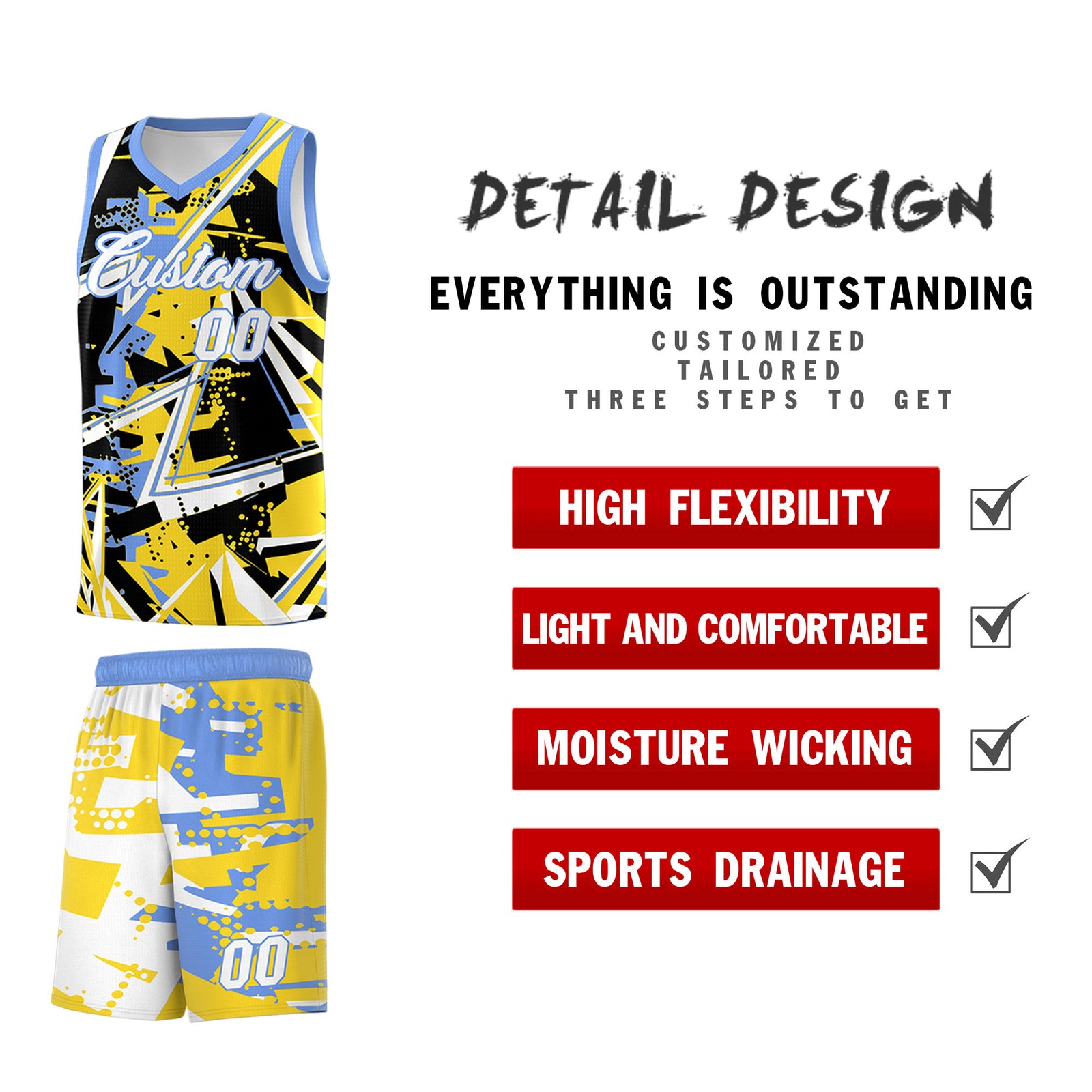 Custom Youth Basketball Jerseys Gold Light Blue Abstract Graffiti Urban Style Personalized Uniform