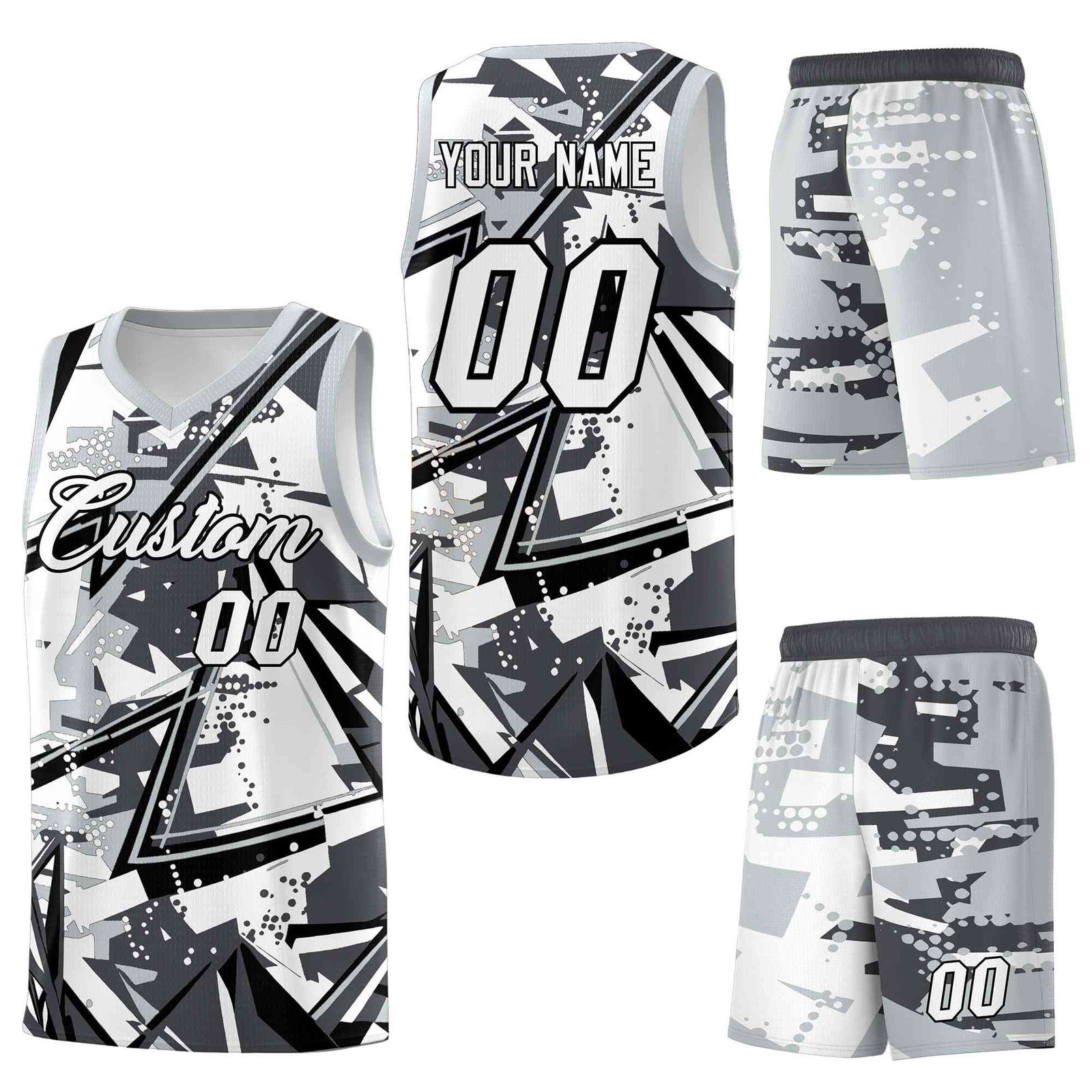 Custom Youth Basketball Jerseys Gray Silver Abstract Graffiti Personalized Team Name & Number