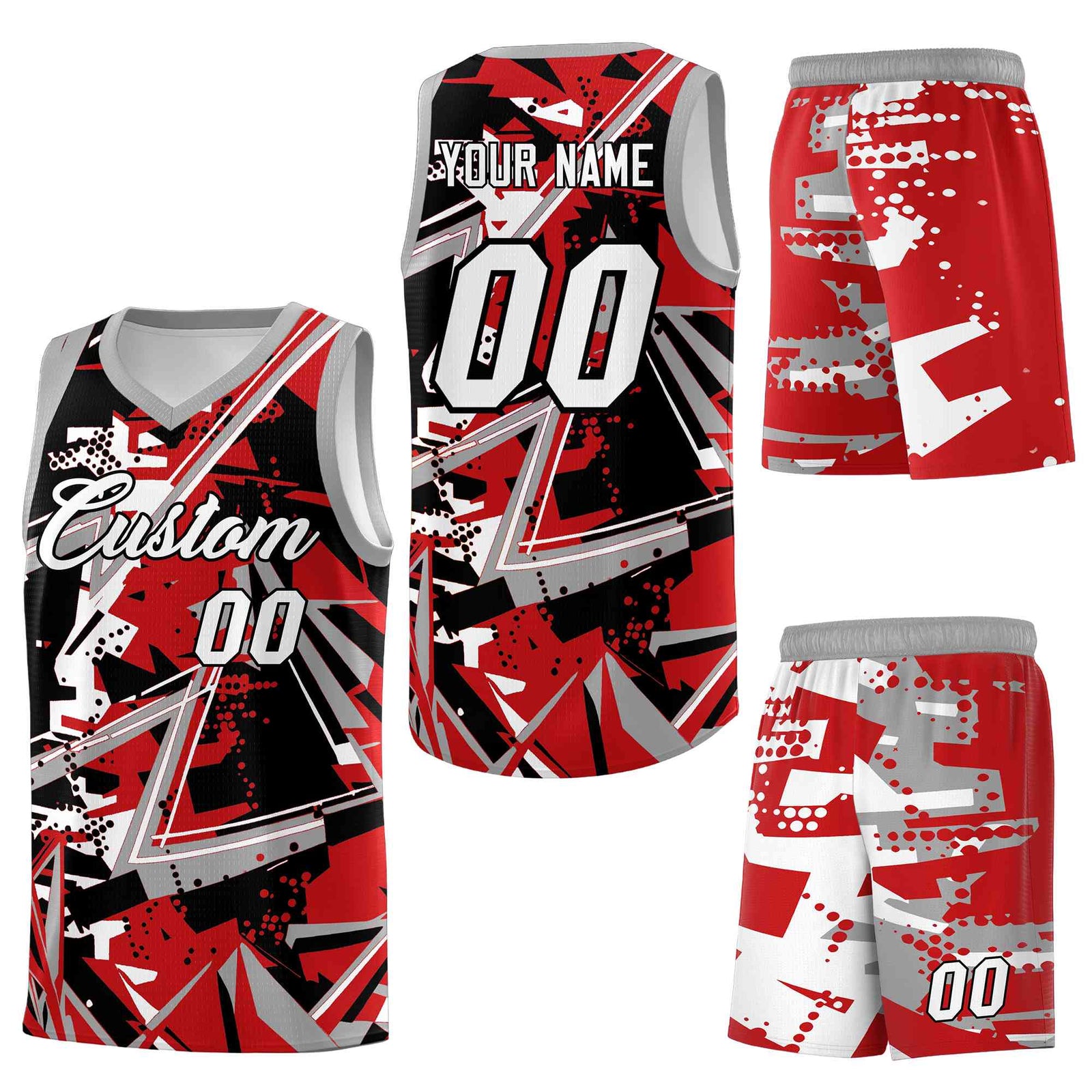 Custom Youth Basketball Jerseys Red Gray Abstract Graffiti Personalized Team Name & Number