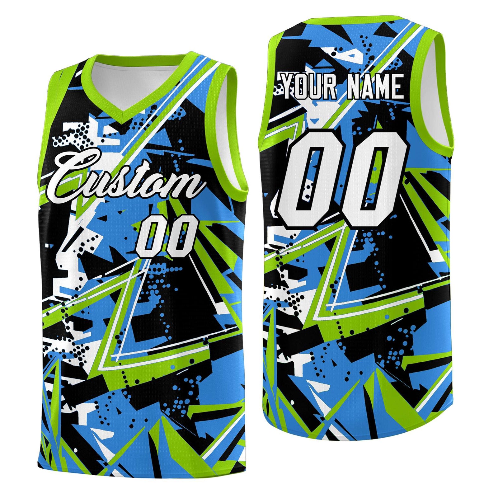 Custom Youth Basketball Jerseys Light Blue Neon Green Abstract Graffiti Personalized Street Style Uniform