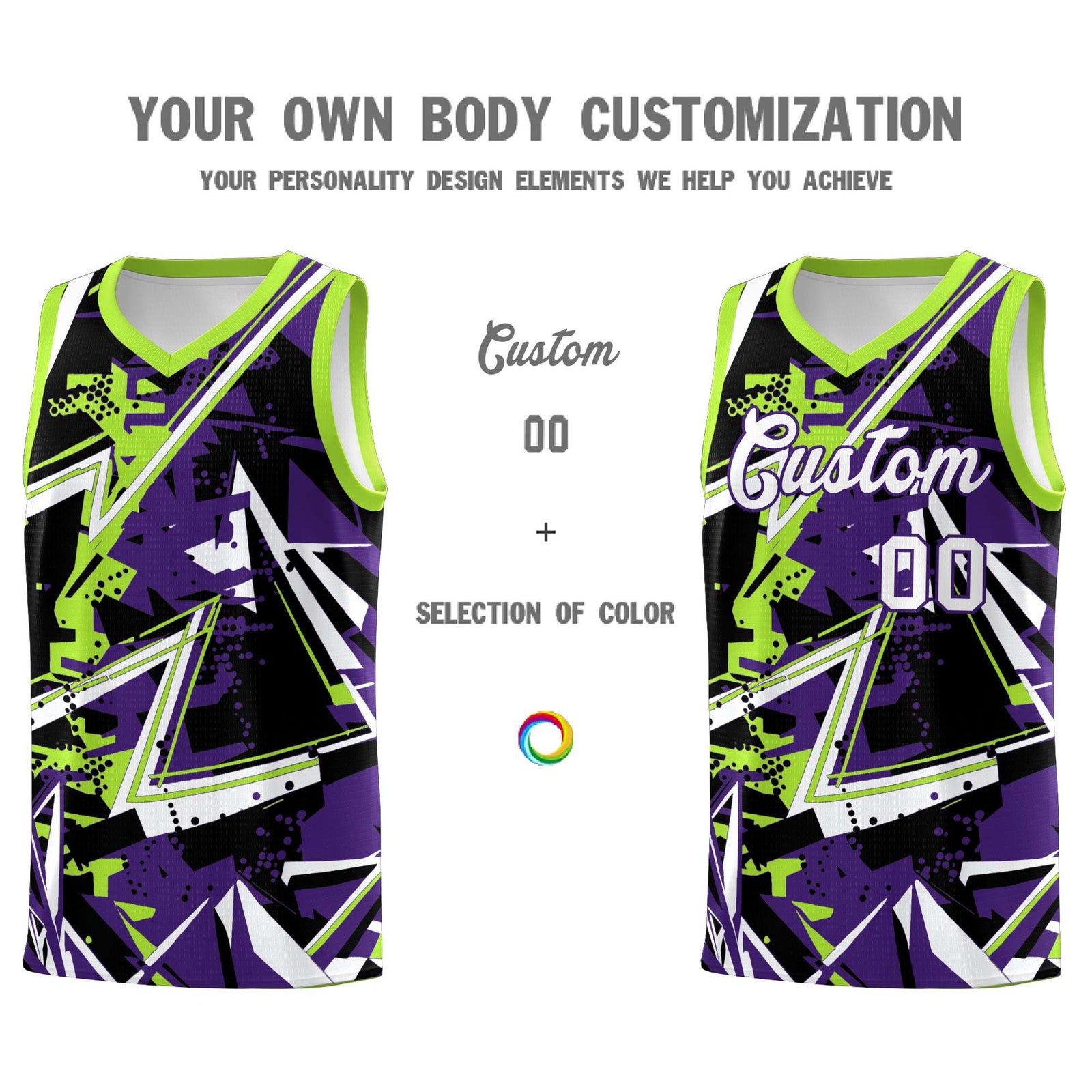Custom Youth Basketball Jerseys Purple Neon Green Abstract Graffiti Personalized Team Name & Number