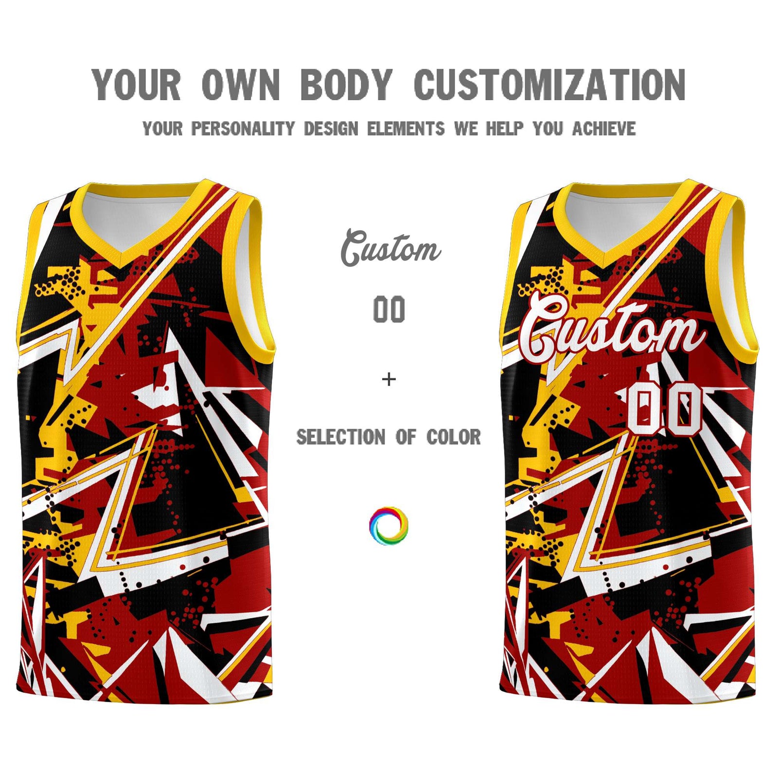 Custom Youth Basketball Jerseys Red Yellow Abstract Graffiti Personalized Street Style Uniform