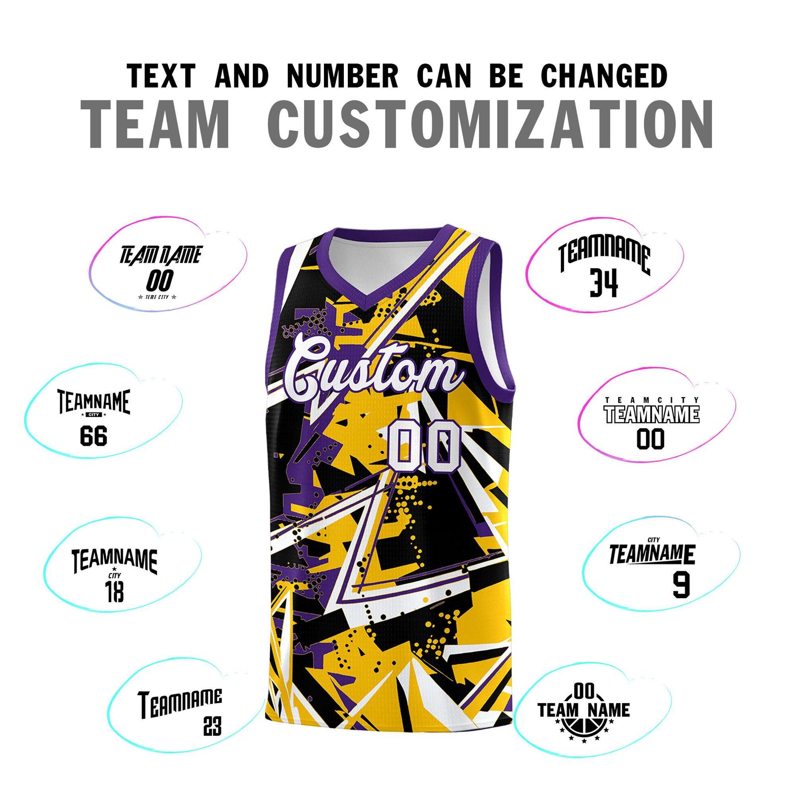 Custom Youth Basketball Jerseys Yellow Purple Abstract Graffiti Personalized Team Name & Number
