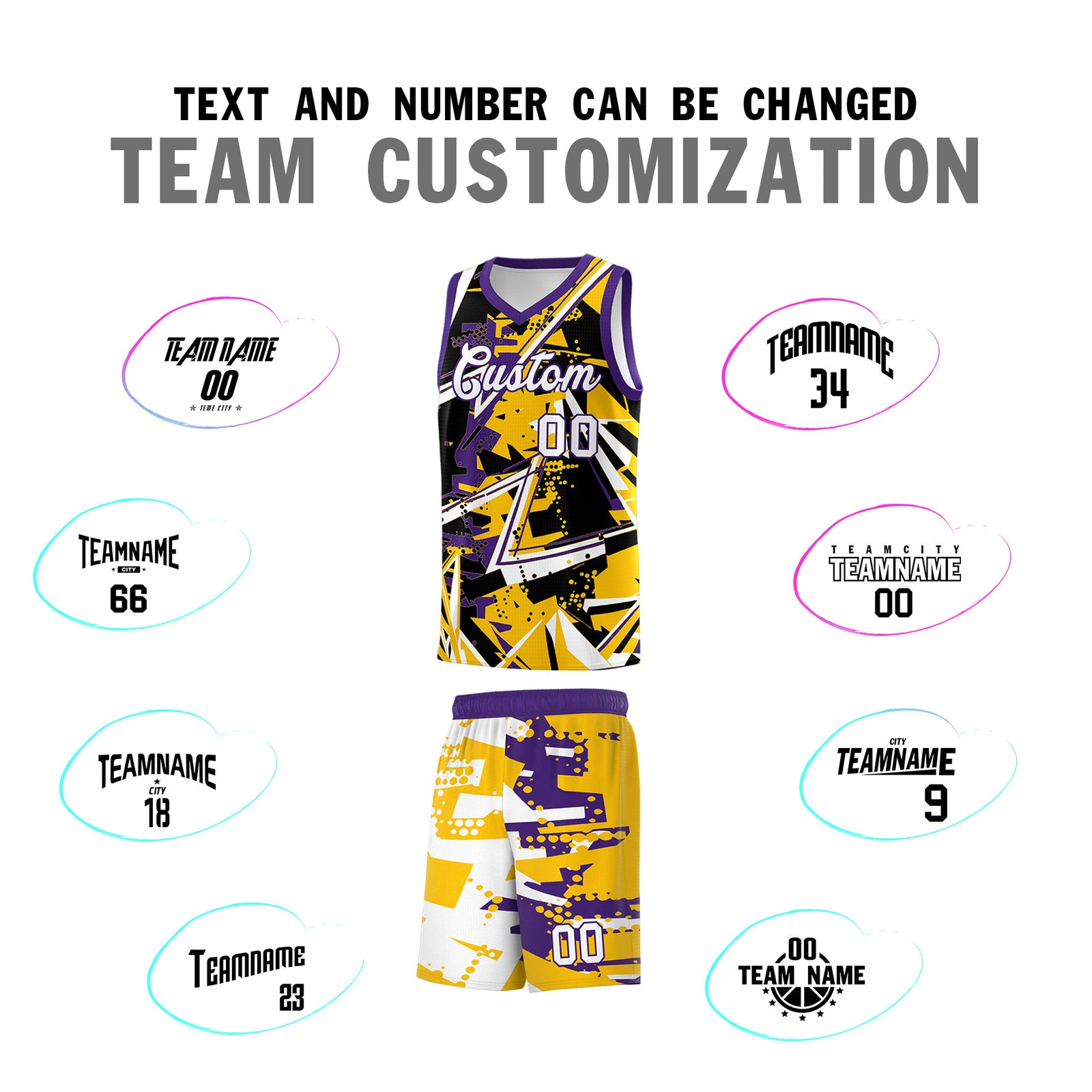 Custom Youth Basketball Jerseys Yellow Purple Abstract Graffiti Personalized Team Name & Number