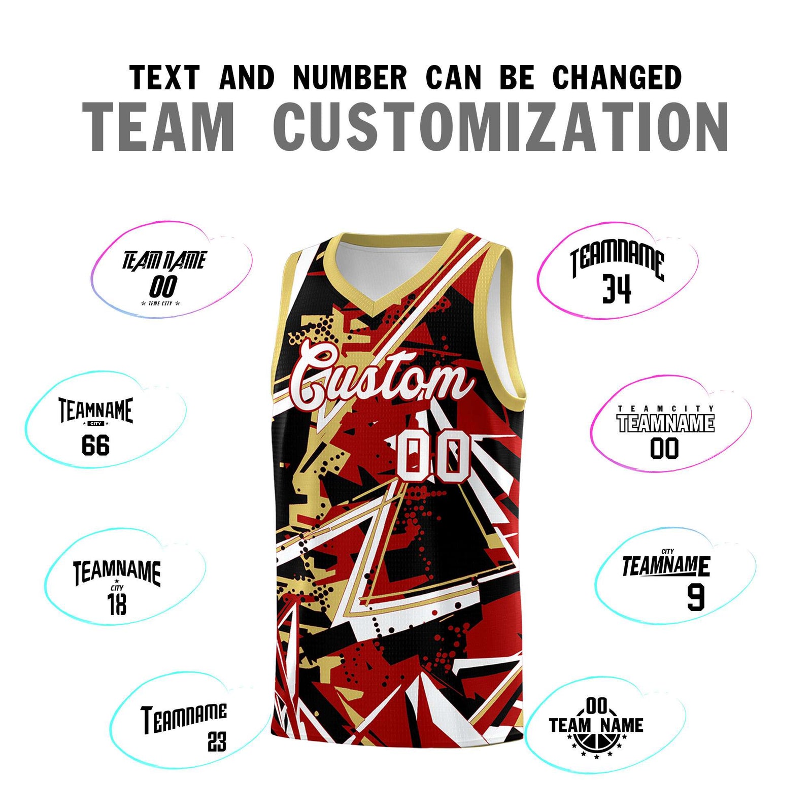 Custom Youth Basketball Jerseys Red Old Gold Abstract Graffiti Personalized Team Name & Number