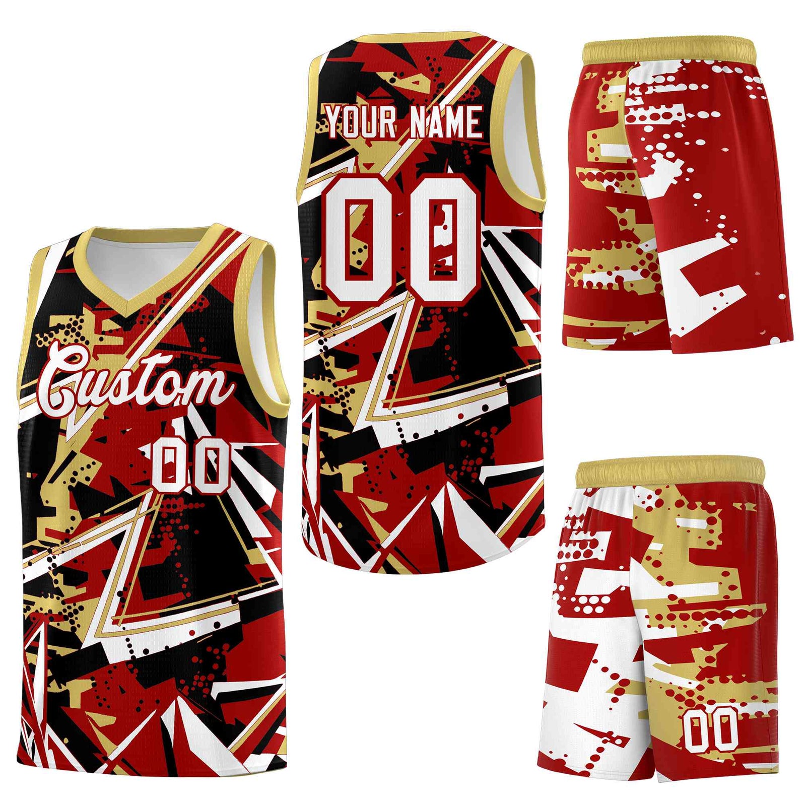 Custom Youth Basketball Jerseys Red Old Gold Abstract Graffiti Personalized Team Name & Number