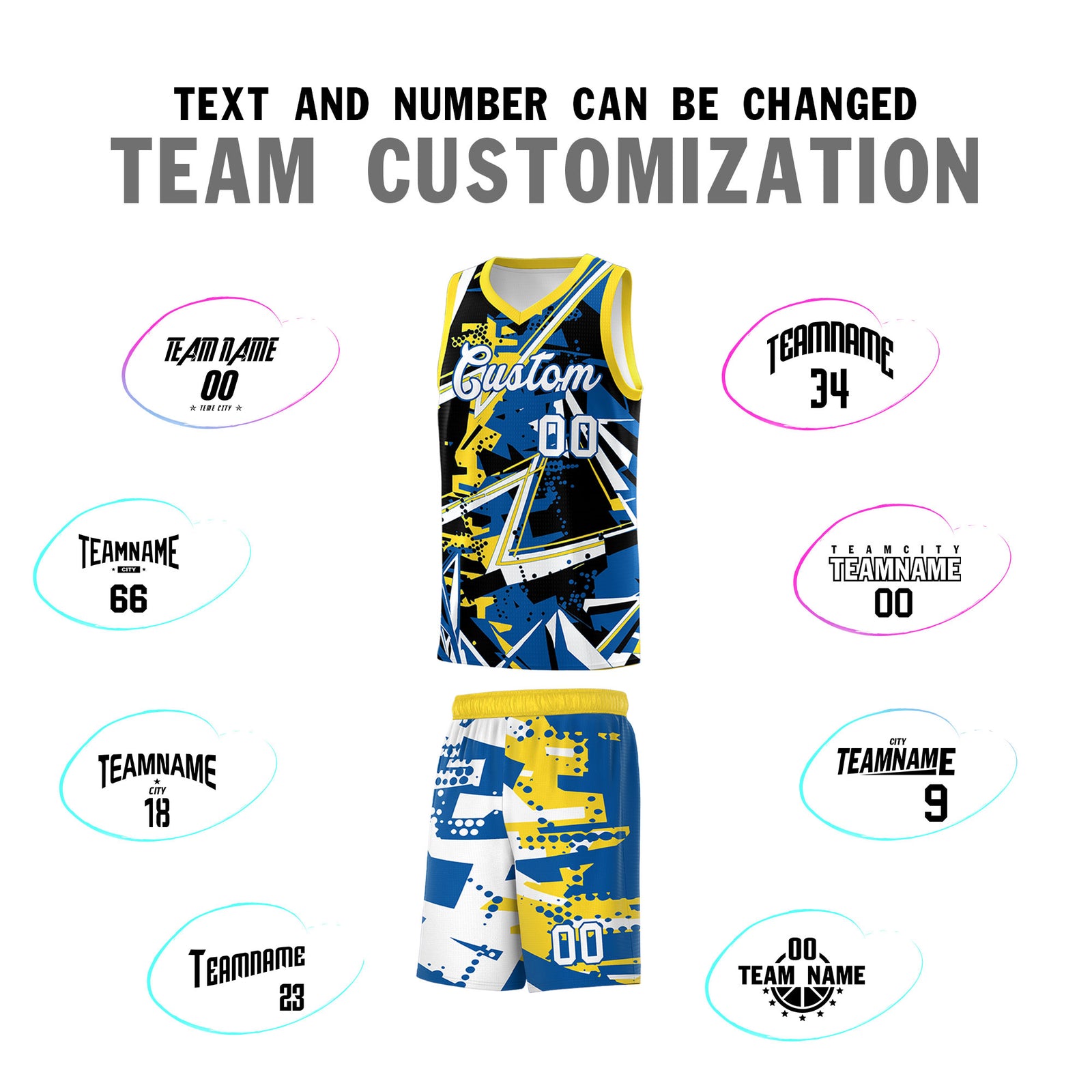 Custom Youth Basketball Jerseys Royal Gold Abstract Graffiti Personalized Team Name & Number