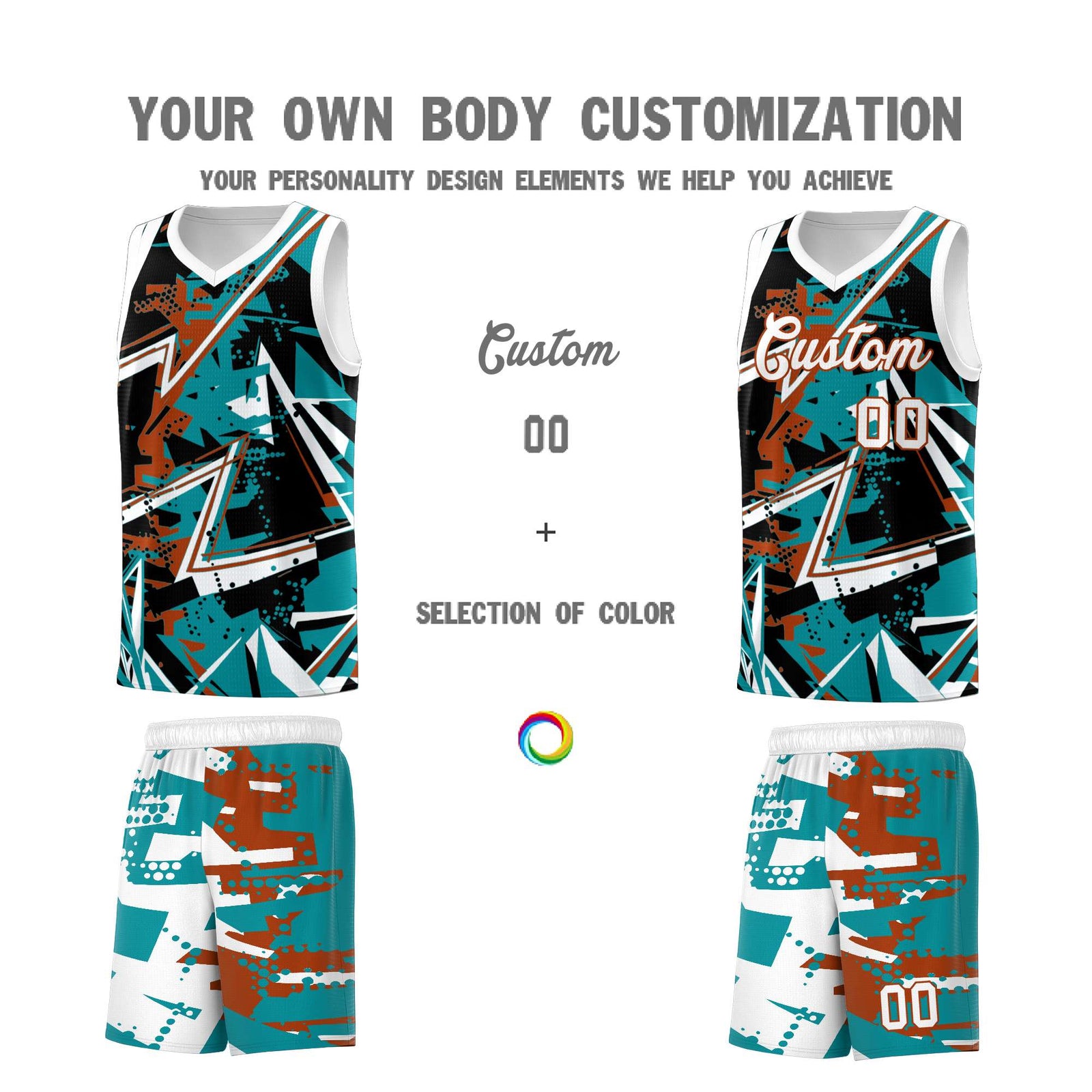 Custom Youth Basketball Jerseys Teal Dark Orange Abstract Graffiti Personalized Street Style Uniform