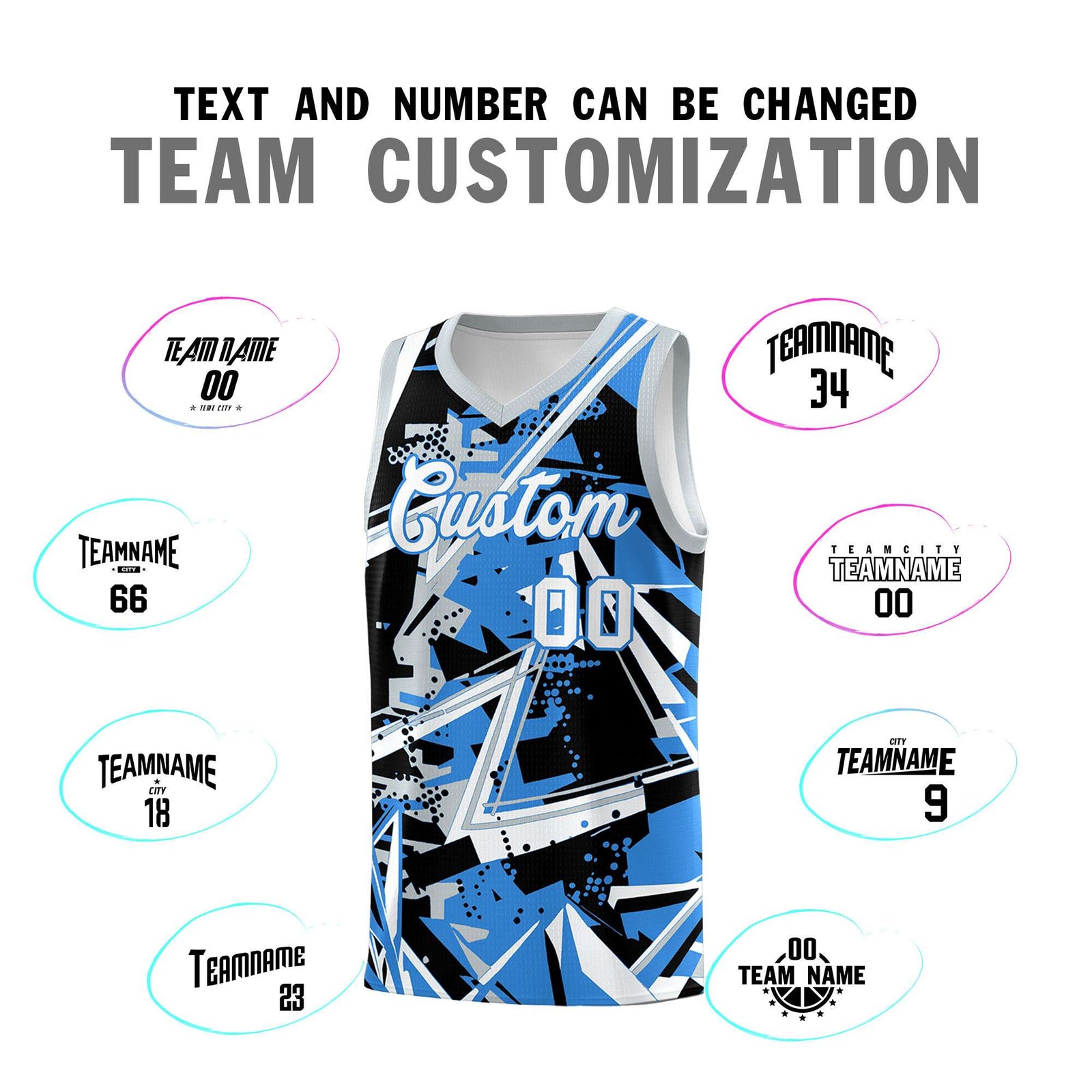 Custom Youth Basketball Jerseys Light Blue Silver Abstract Graffiti Personalized Team Name & Number