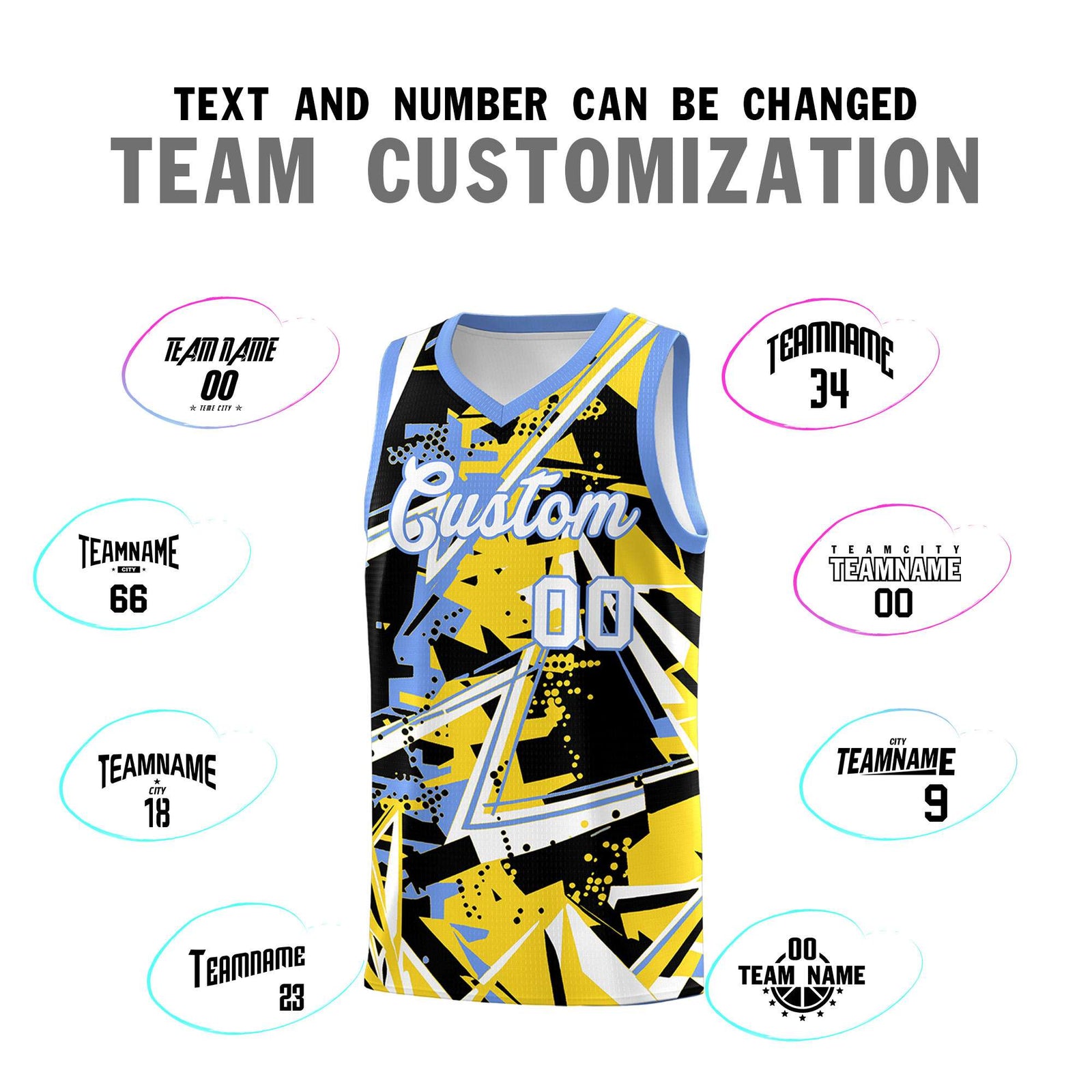Custom Youth Basketball Jerseys Gold Light Blue Abstract Graffiti Urban Style Personalized Uniform