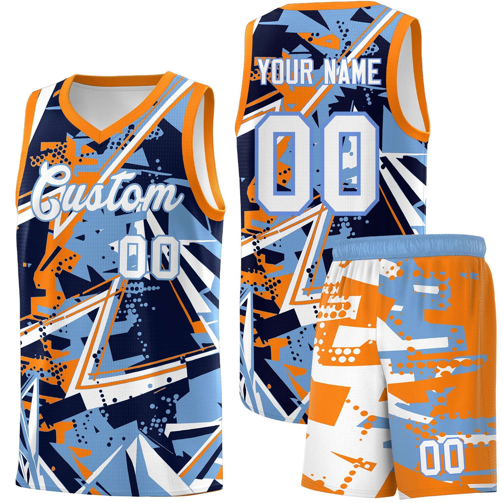 Custom Youth Basketball Jerseys Powder Blue Orange Abstract Graffiti Personalized Team Name & Number