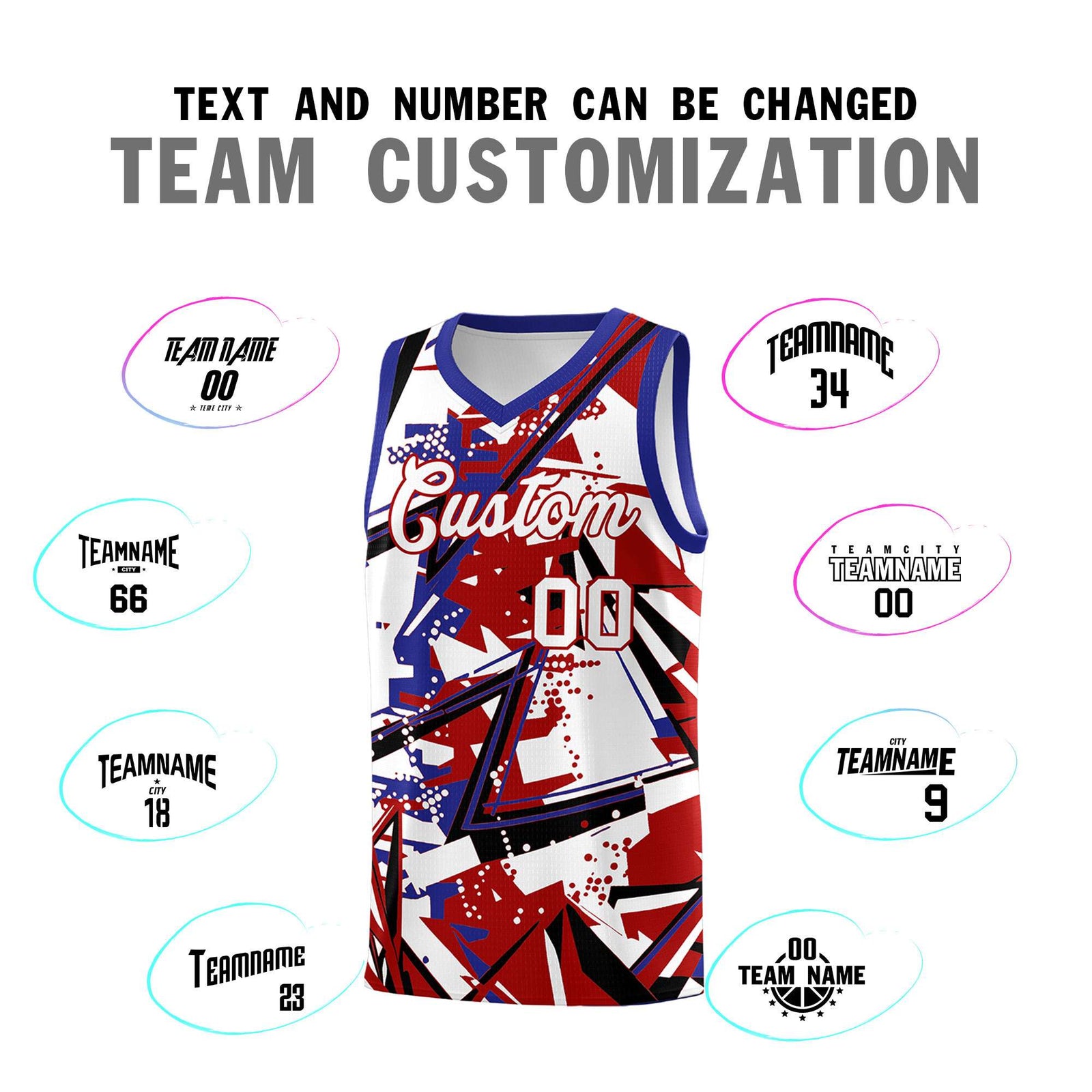 Custom Youth Basketball Jerseys Red Royal Abstract Graffiti Personalized Street Style Uniform