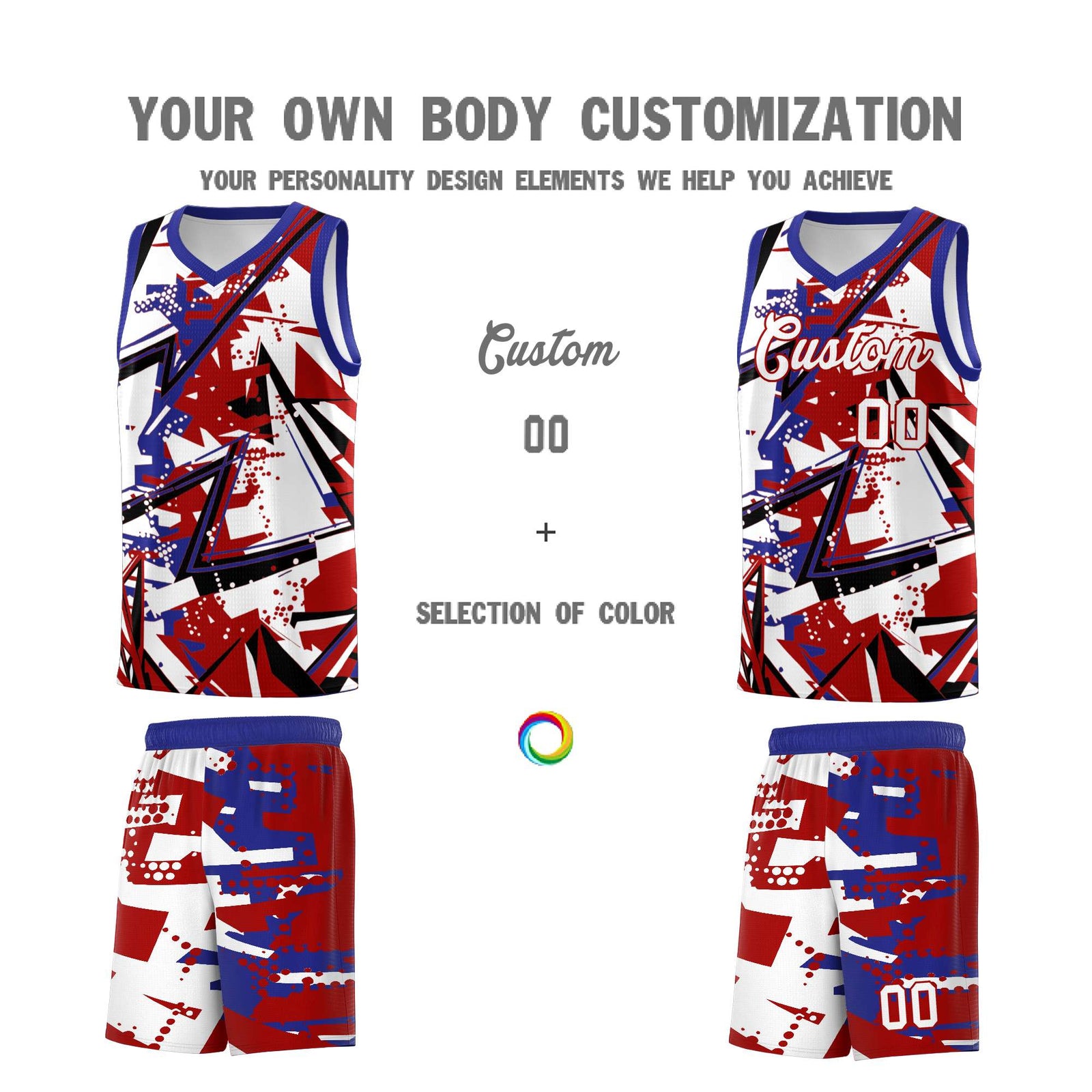 Custom Youth Basketball Jerseys Red Royal Abstract Graffiti Personalized Street Style Uniform