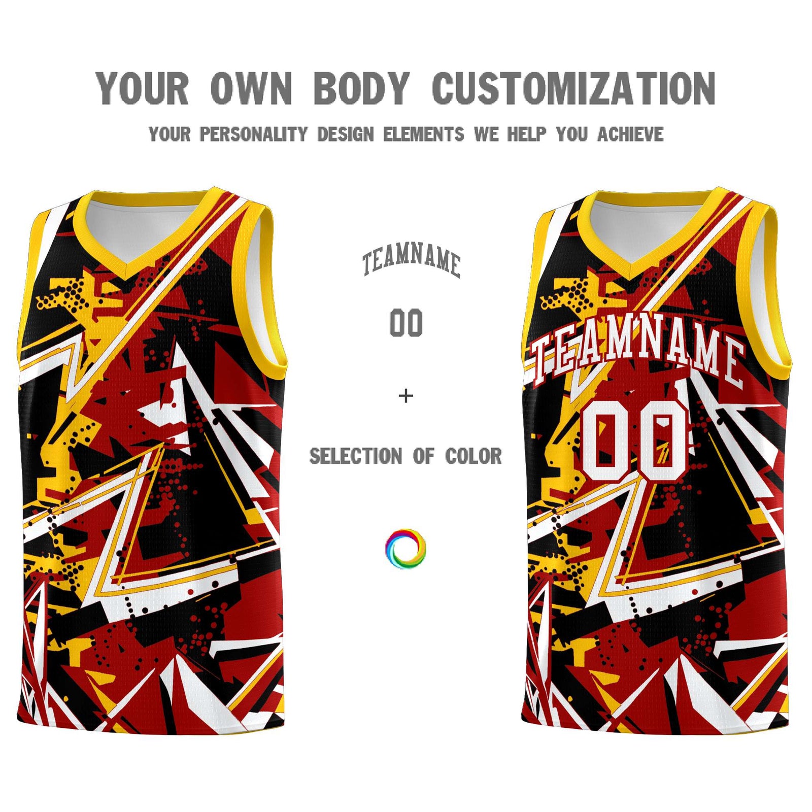 Custom Youth Basketball Jerseys Red Yellow Abstract Graffiti Personalized Street Style Uniform