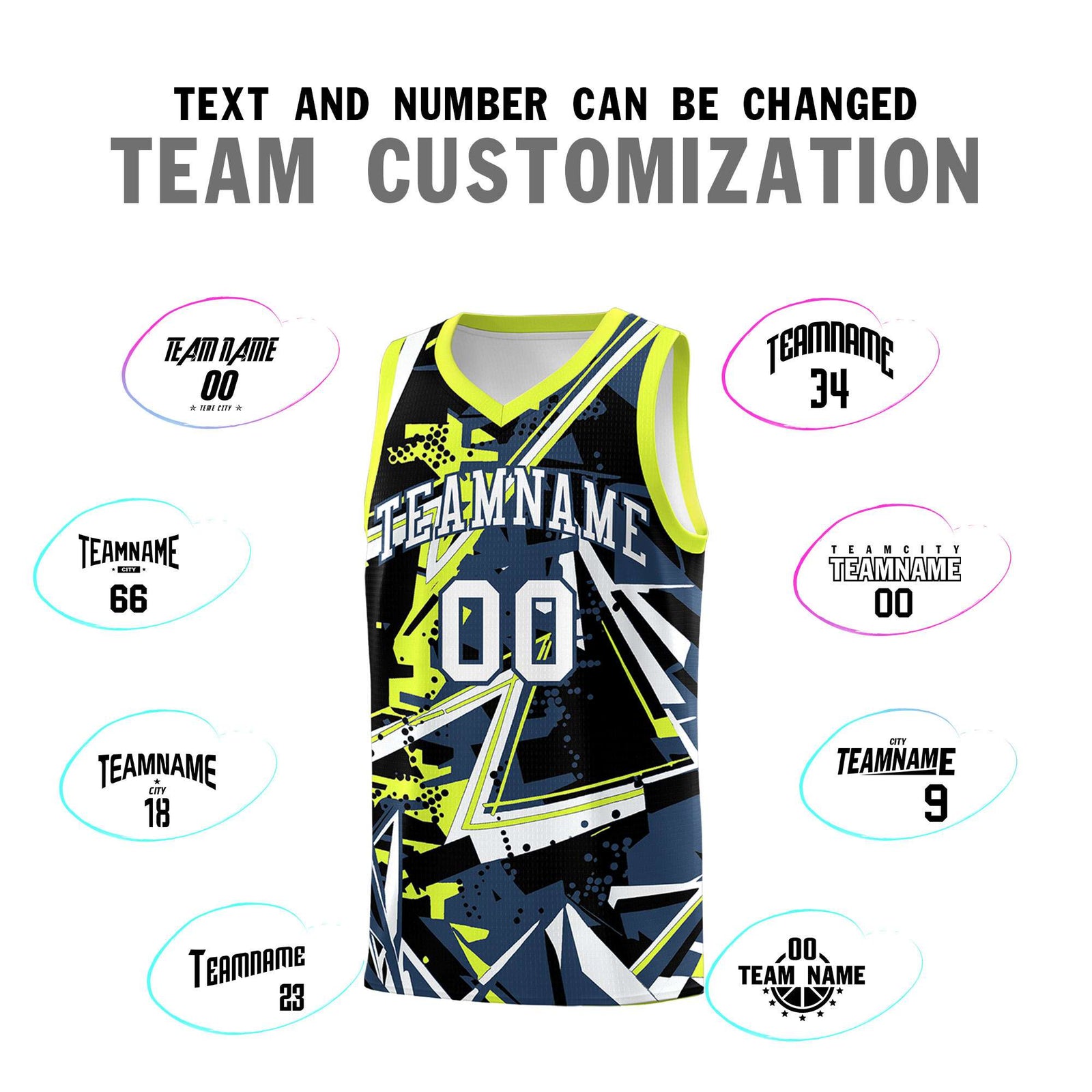 Custom Youth Basketball Jerseys Midnight Blue Fluorescent Green Abstract Graffiti Urban Style Personalized Uniform