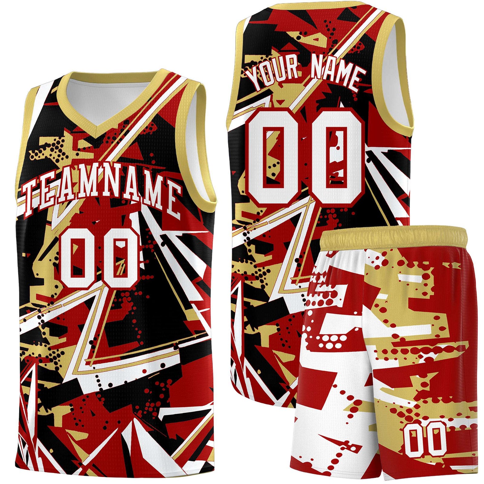 Custom Youth Basketball Jerseys Red Old Gold Abstract Graffiti Personalized Team Name & Number