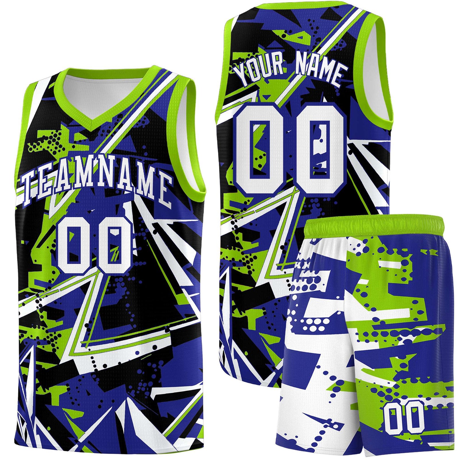 Custom Youth Basketball Jerseys Royal Neon Green Abstract Graffiti Urban Style Personalized Uniform