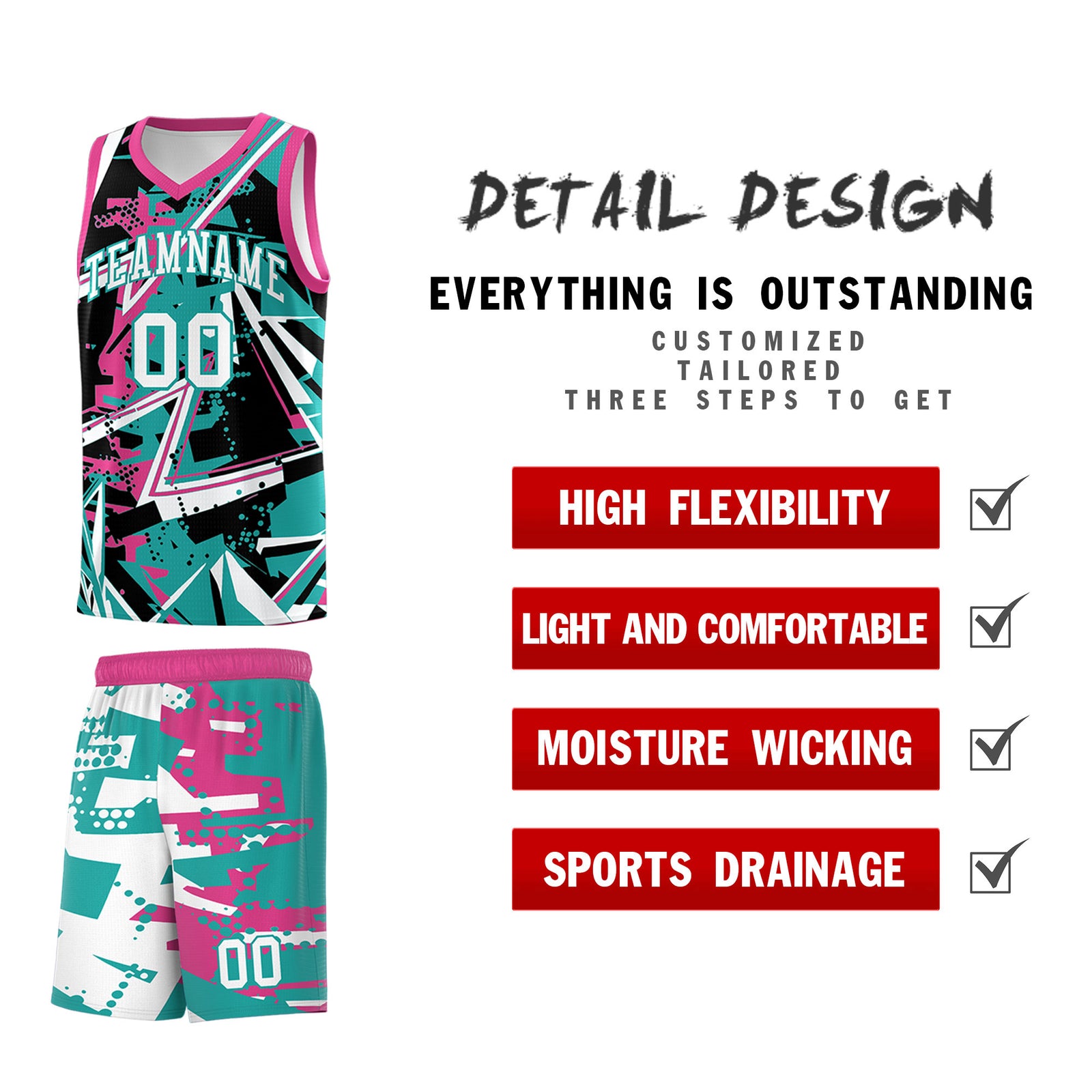 Custom Youth Basketball Jerseys Aqua Rose Red Abstract Graffiti Urban Style Personalized Uniform