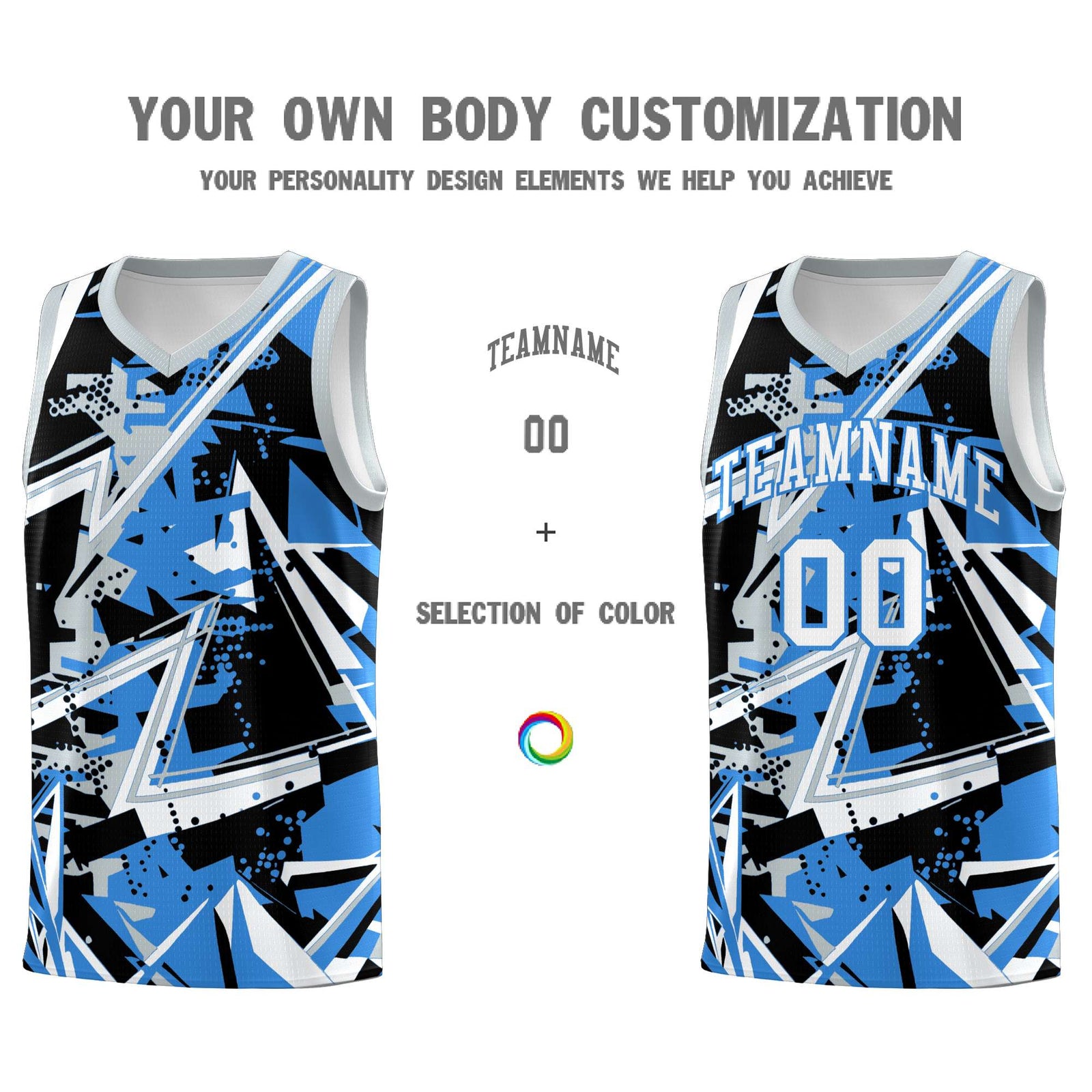 Custom Youth Basketball Jerseys Light Blue Silver Abstract Graffiti Personalized Team Name & Number