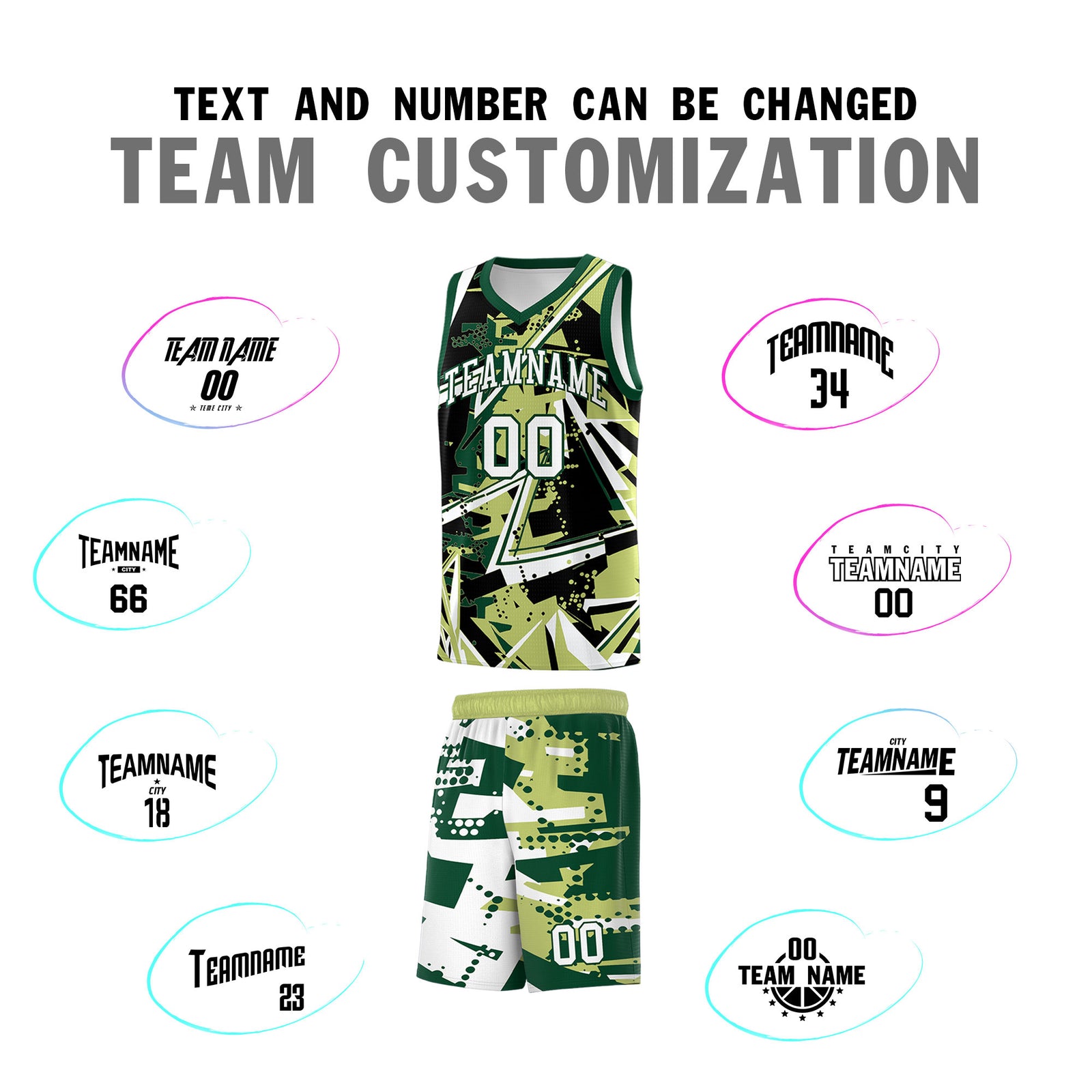 Custom Youth Basketball Jerseys Champagne Kelly Green Abstract Graffiti Urban Style Personalized Uniform