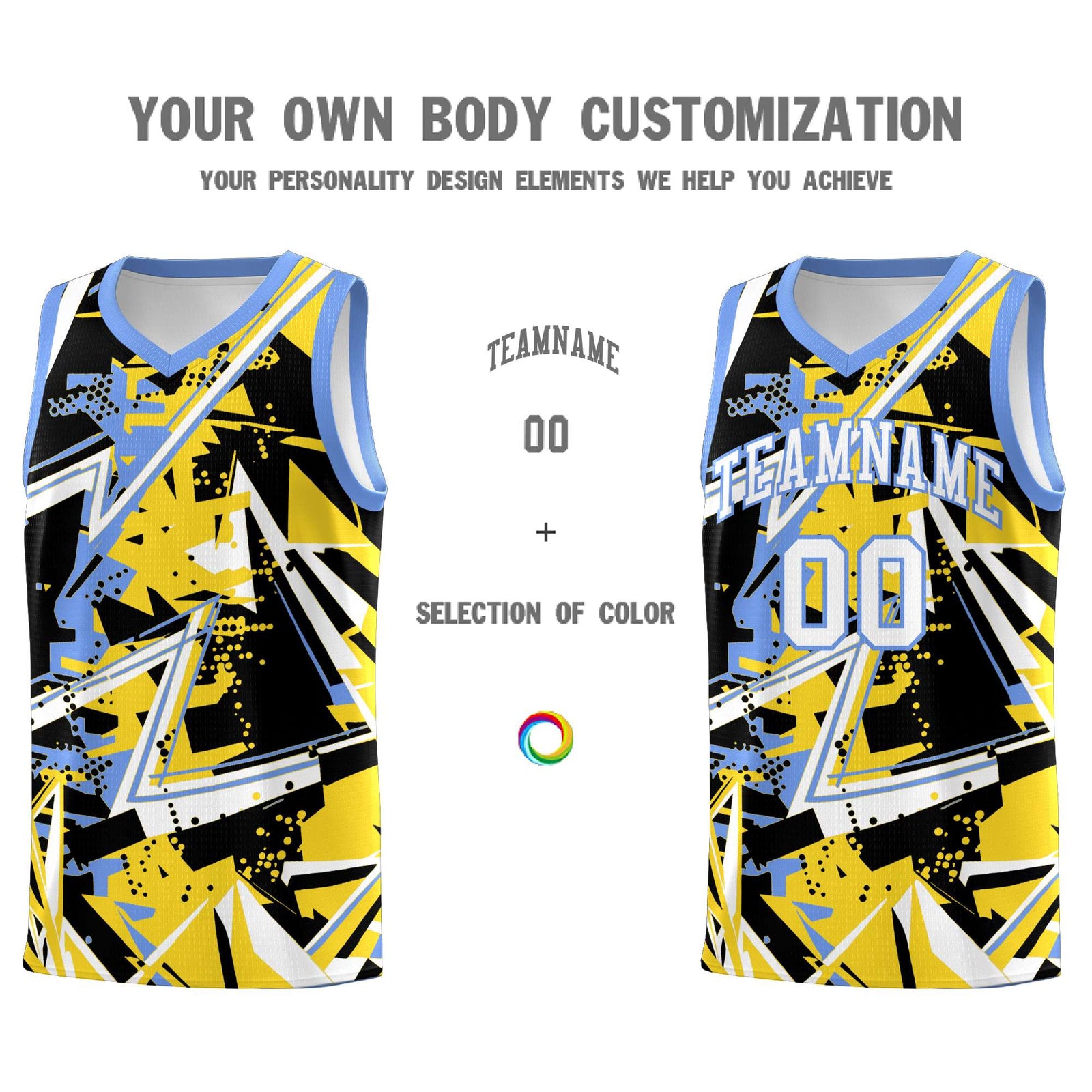 Custom Youth Basketball Jerseys Gold Light Blue Abstract Graffiti Urban Style Personalized Uniform