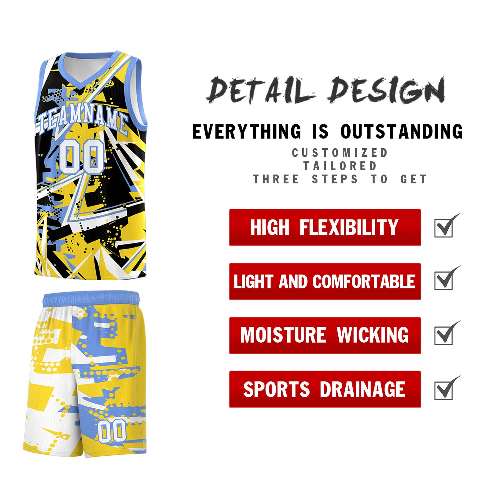 Custom Youth Basketball Jerseys Gold Light Blue Abstract Graffiti Urban Style Personalized Uniform