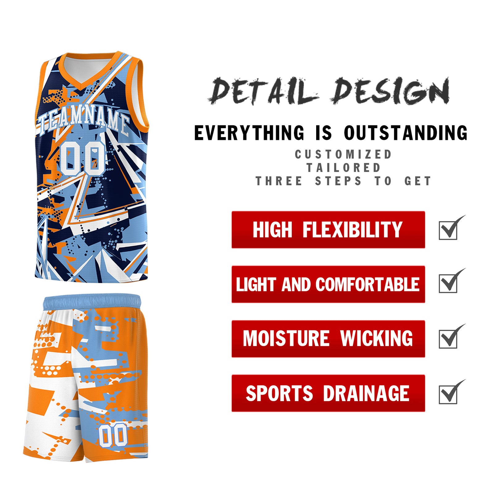 Custom Youth Basketball Jerseys Powder Blue Orange Abstract Graffiti Personalized Team Name & Number