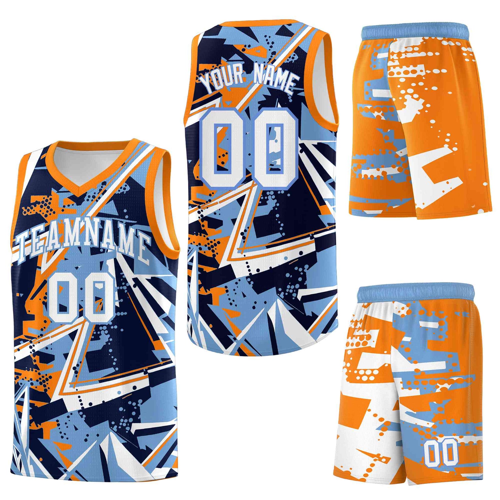 Custom Youth Basketball Jerseys Powder Blue Orange Abstract Graffiti Personalized Team Name & Number