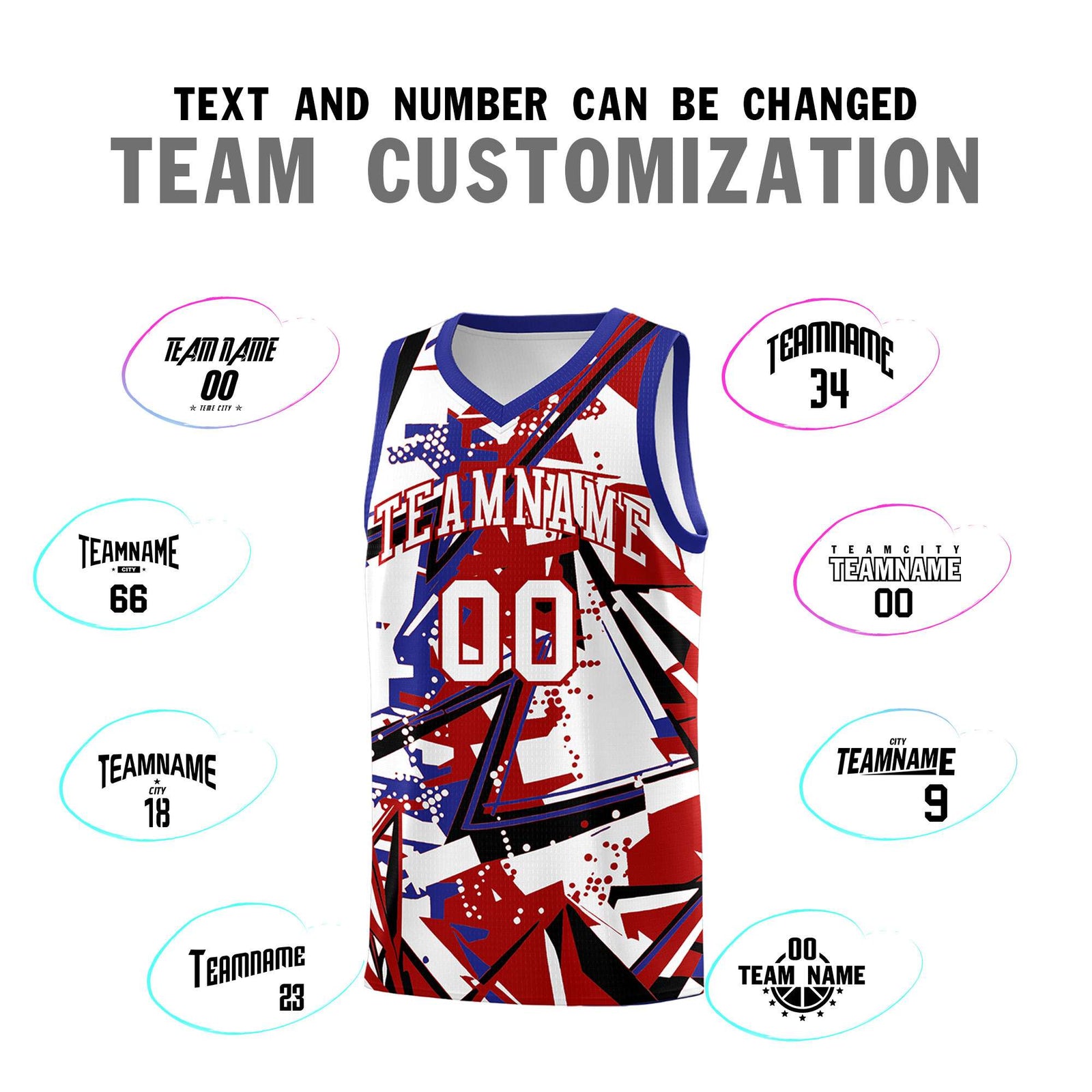 Custom Youth Basketball Jerseys Red Royal Abstract Graffiti Personalized Street Style Uniform