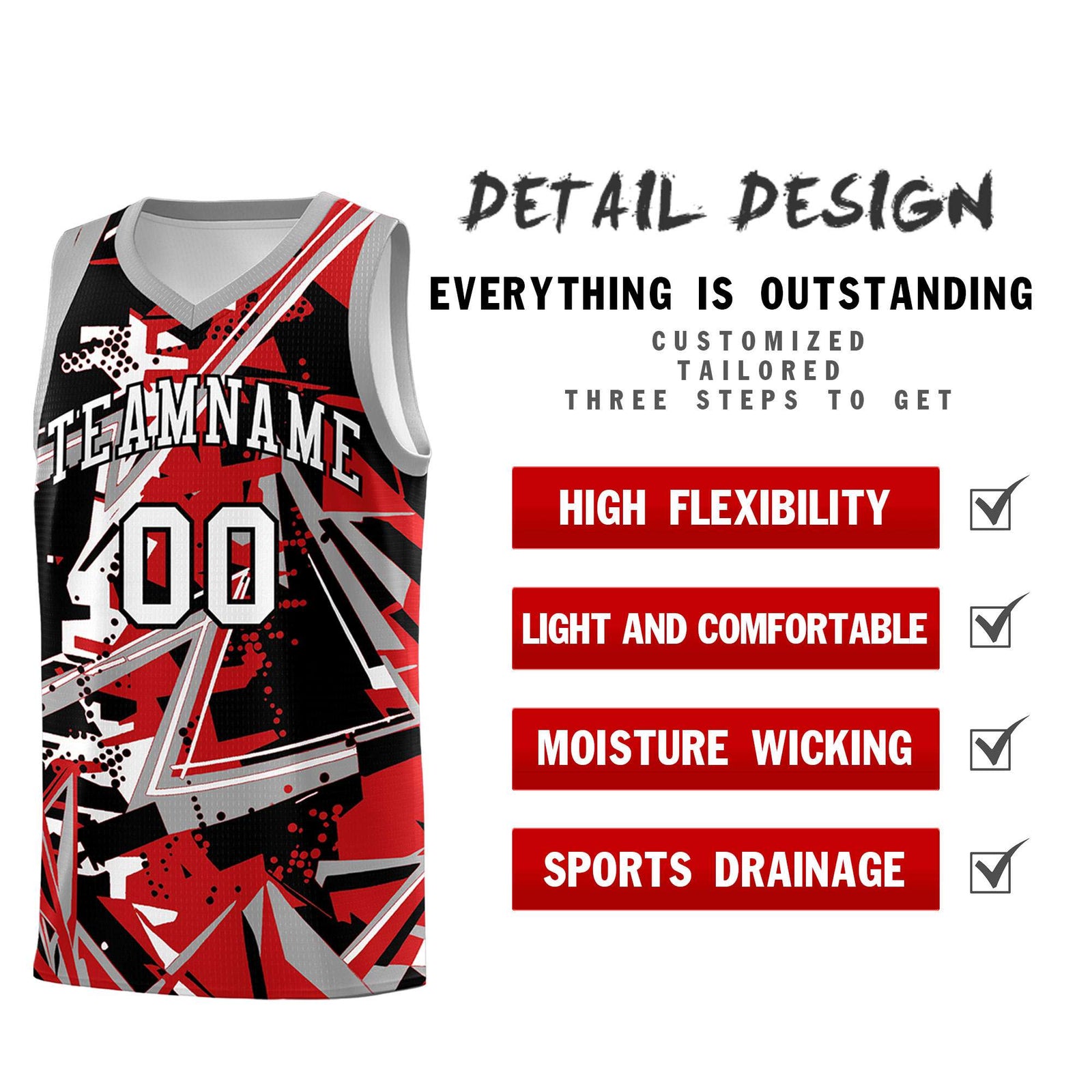 Custom Youth Basketball Jerseys Red Gray Abstract Graffiti Personalized Team Name & Number