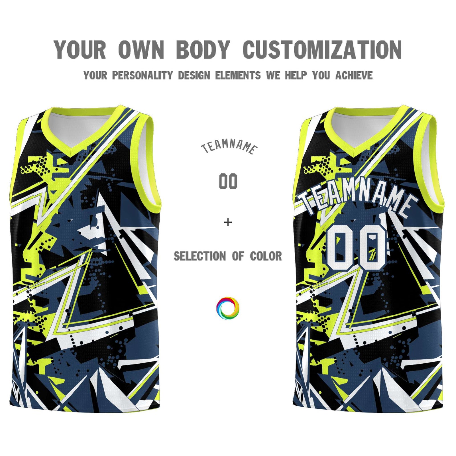 Custom Youth Basketball Jerseys Midnight Blue Fluorescent Green Abstract Graffiti Urban Style Personalized Uniform