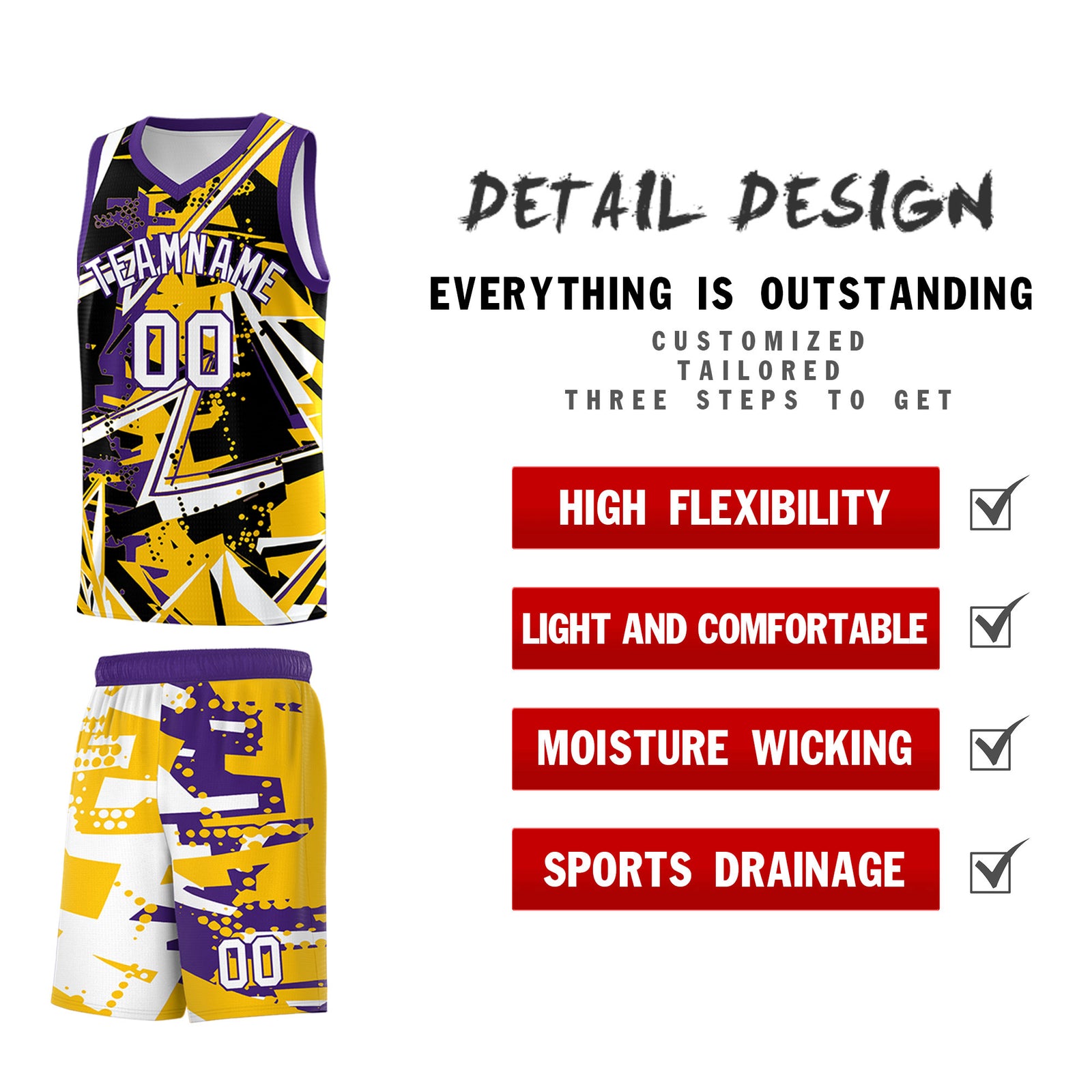 Custom Youth Basketball Jerseys Yellow Purple Abstract Graffiti Personalized Team Name & Number