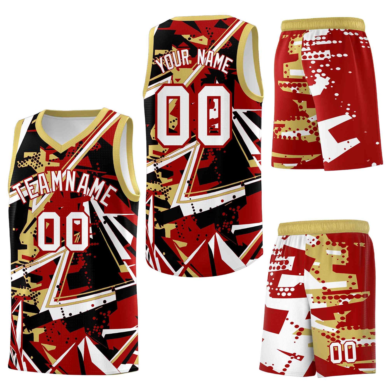 Custom Youth Basketball Jerseys Red Old Gold Abstract Graffiti Personalized Team Name & Number