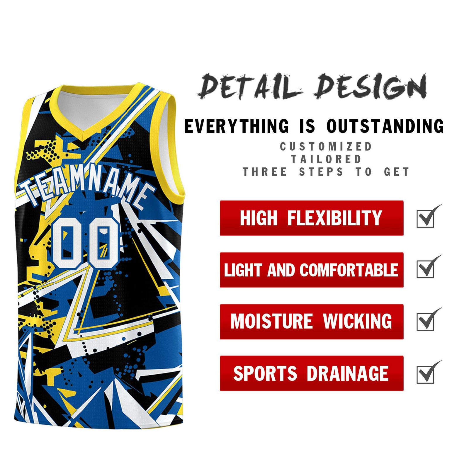 Custom Youth Basketball Jerseys Royal Gold Abstract Graffiti Personalized Team Name & Number