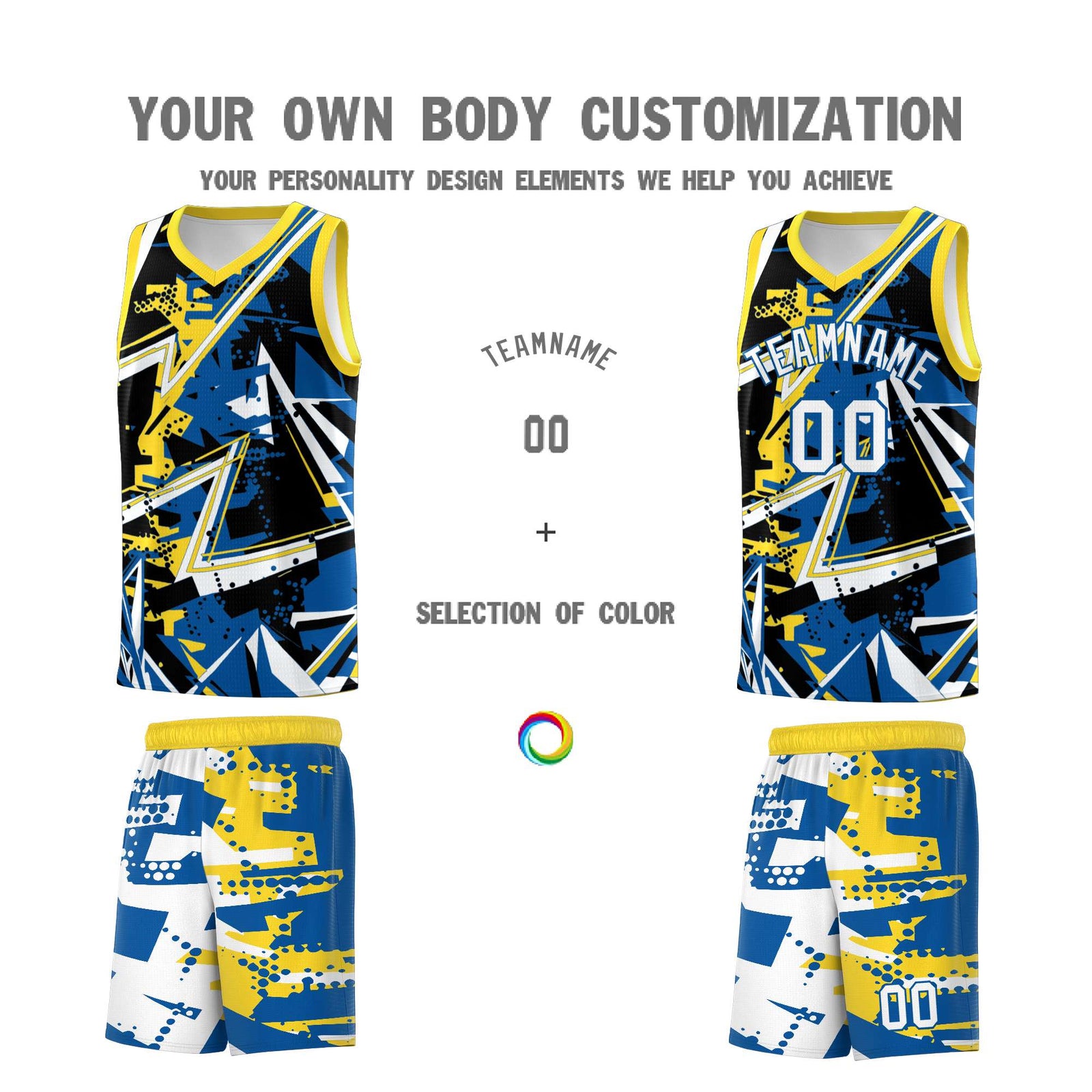 Custom Youth Basketball Jerseys Royal Gold Abstract Graffiti Personalized Team Name & Number