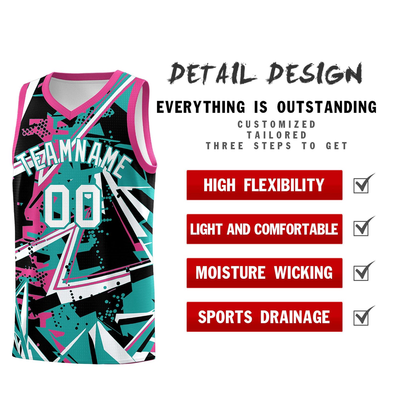 Custom Youth Basketball Jerseys Aqua Rose Red Abstract Graffiti Urban Style Personalized Uniform