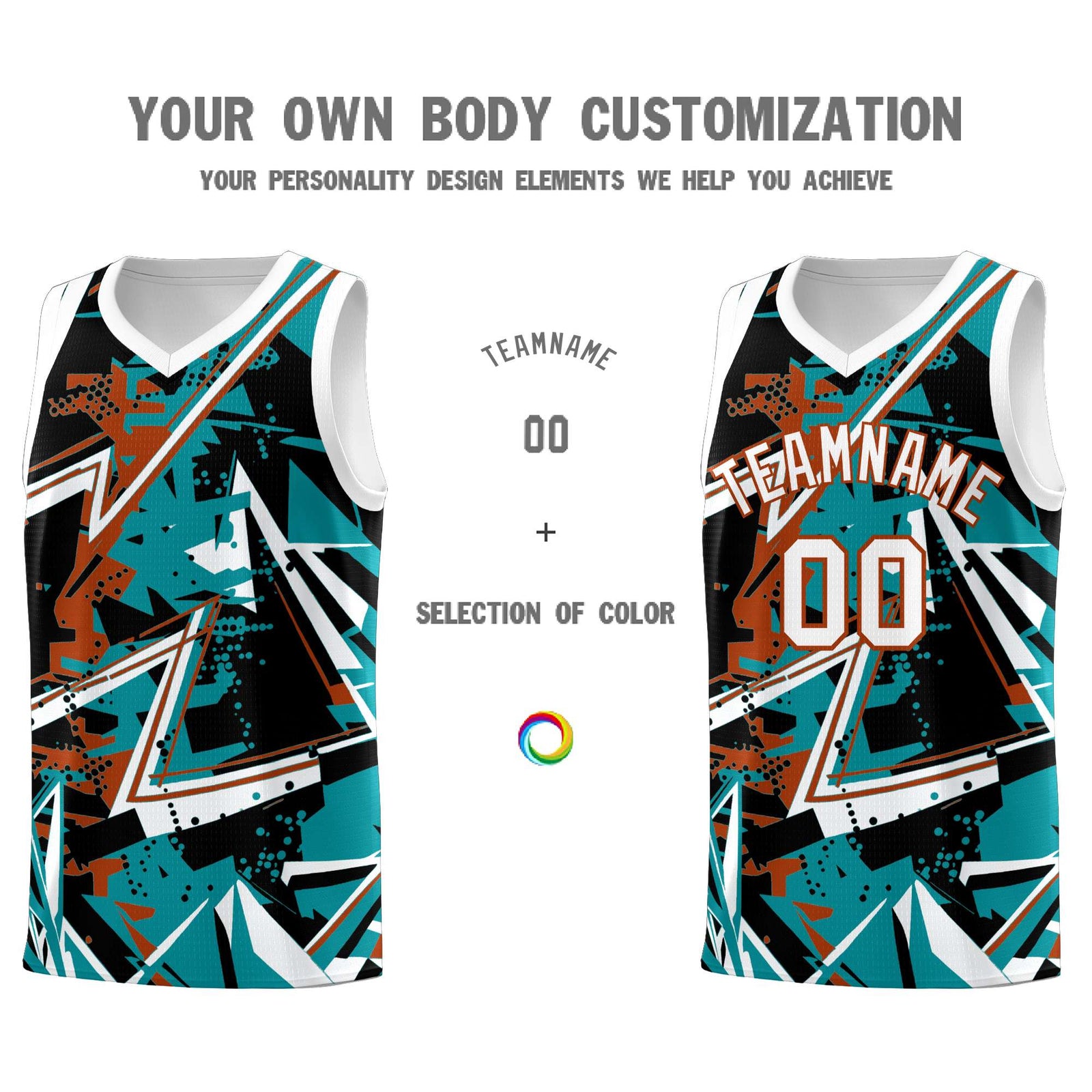 Custom Youth Basketball Jerseys Teal Dark Orange Abstract Graffiti Personalized Street Style Uniform