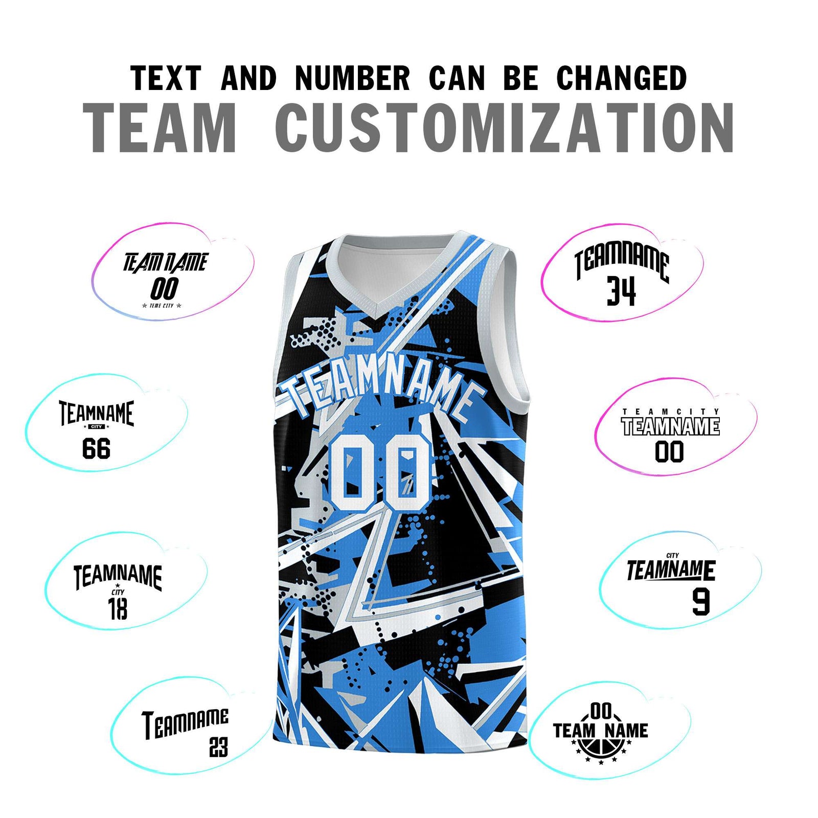 Custom Youth Basketball Jerseys Light Blue Silver Abstract Graffiti Personalized Team Name & Number