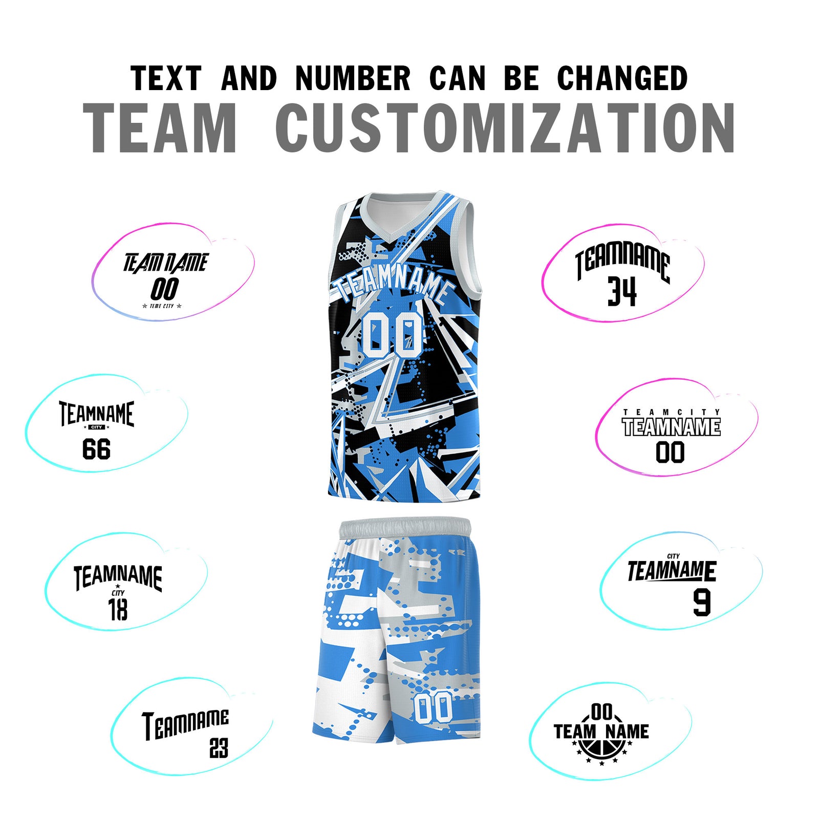 Custom Youth Basketball Jerseys Light Blue Silver Abstract Graffiti Personalized Team Name & Number