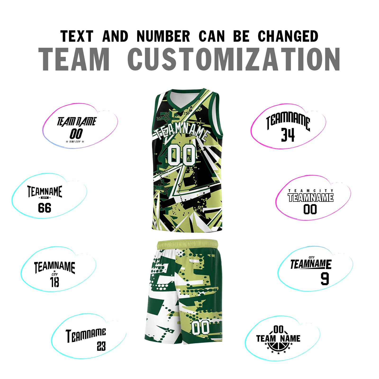 Custom Youth Basketball Jerseys Champagne Kelly Green Abstract Graffiti Urban Style Personalized Uniform